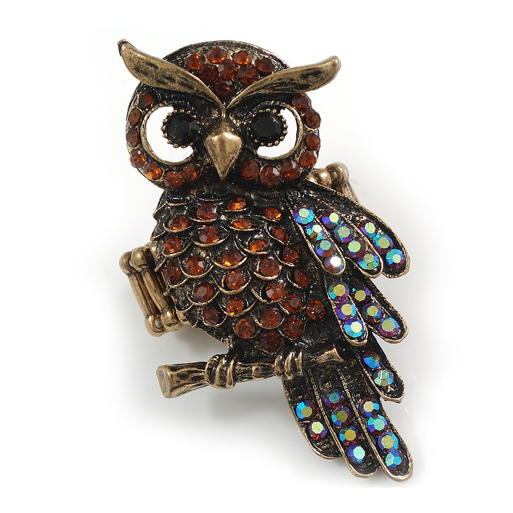 Avalaya 60mm Long/Stunning Diamante Owl Stretch Ring in Antique Gold Tone Metal in (Dark Amber Brown Shades) - Adjustable Band - 7/8 Size