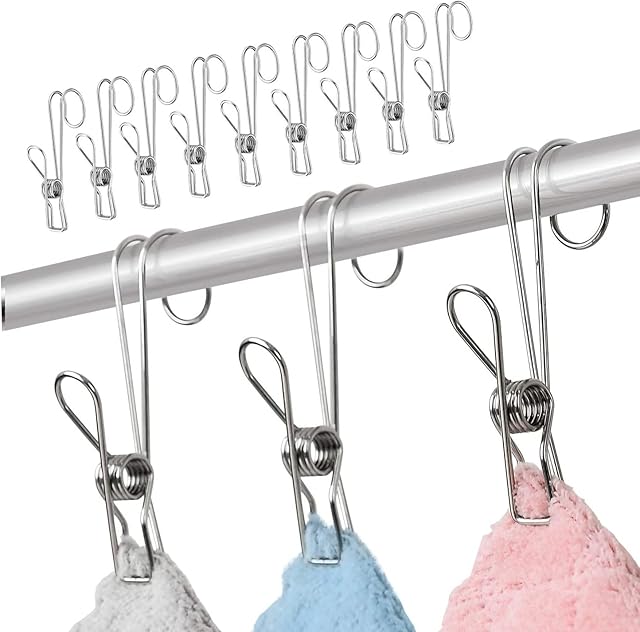 Mytlp Clothes Pins 12 Pack 304 Stainless Steel Metal Long Tail Clip with Hooks Clothes Pins Hanging Universal Clips for Kitchen Bathroom Office