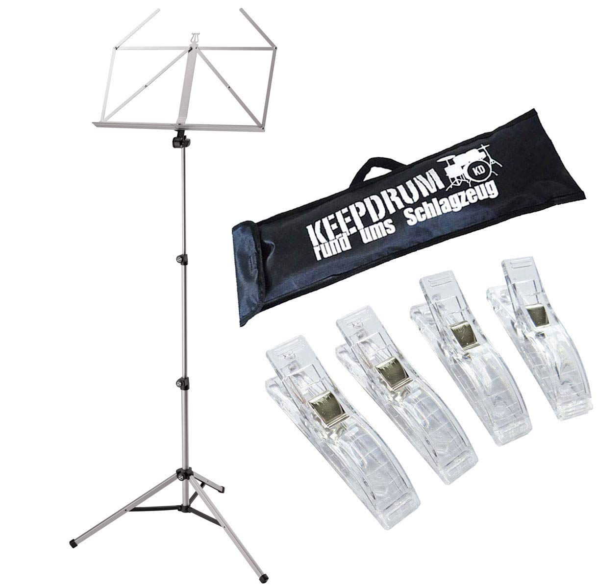 K&M 10065 Notenständer Nickel + keepdrum Tasche + 4 Notenklammern