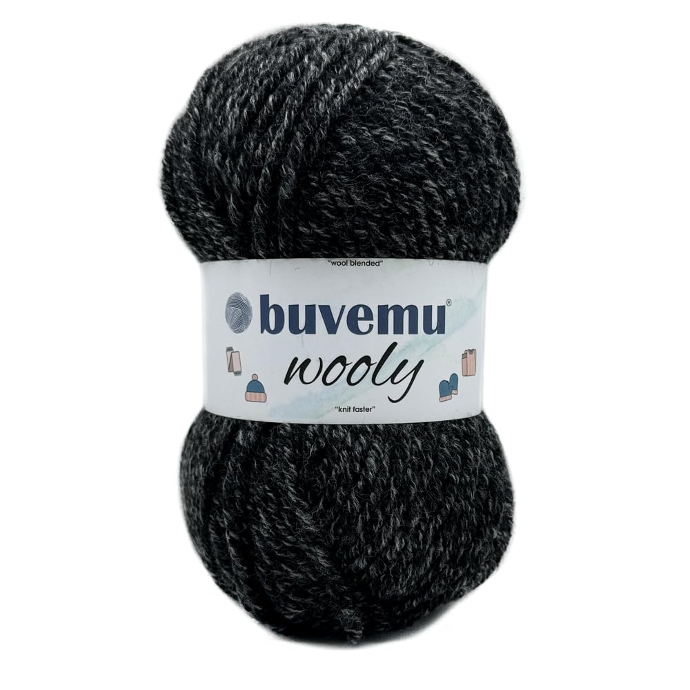 Wooly Soft Fluffy Bulky Weight #5 Wollmischgarn, schnelles Stricken, Häkelgarn, 25 % Wolle, 75 % Acryl, 100 g, 100 m (Schwarz Melange)