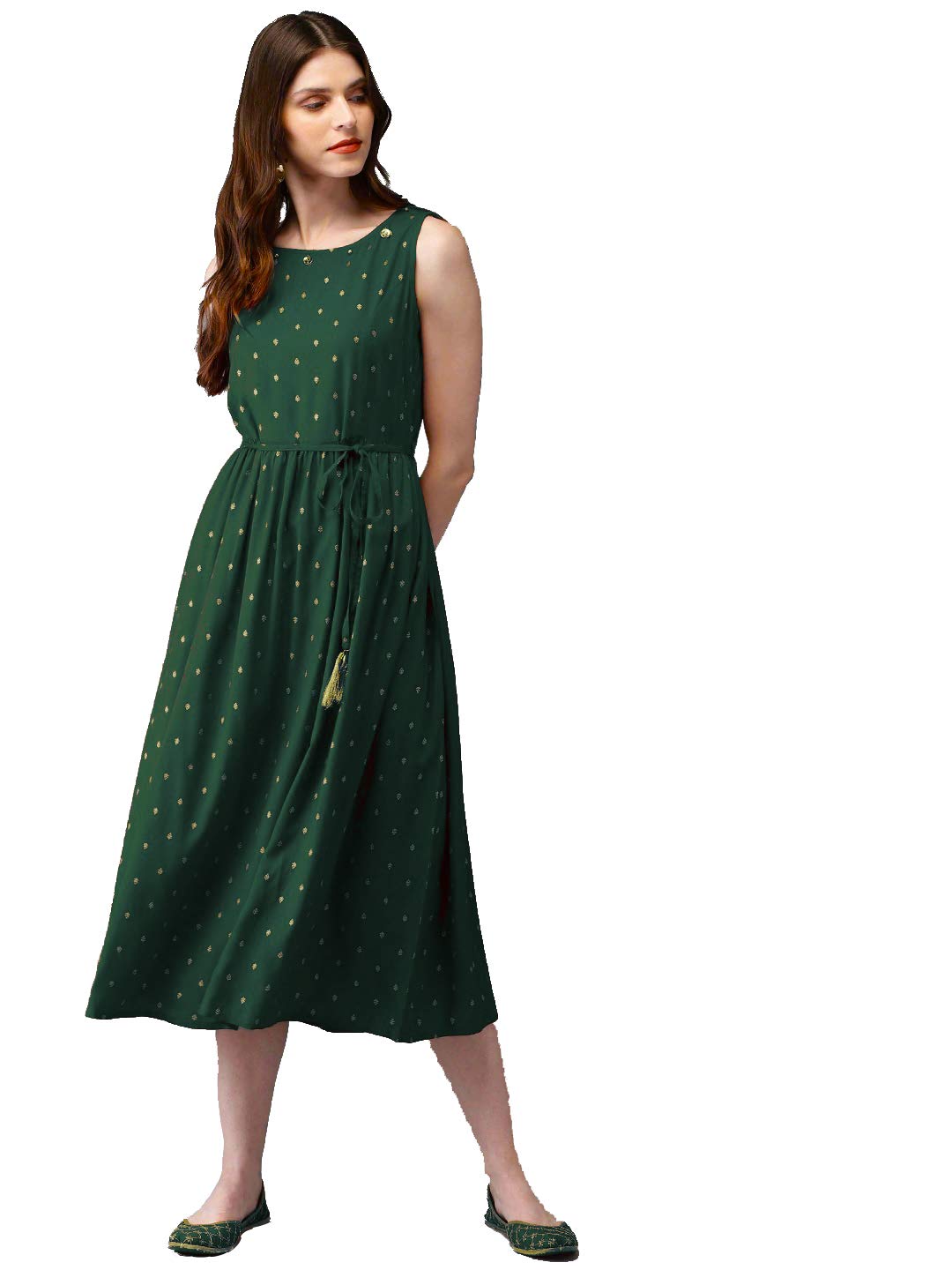 T.A.DT.A.D The Attire Destination Women Gold Print Self Design Rayon Flared Kurta (Green) (Large, Green)