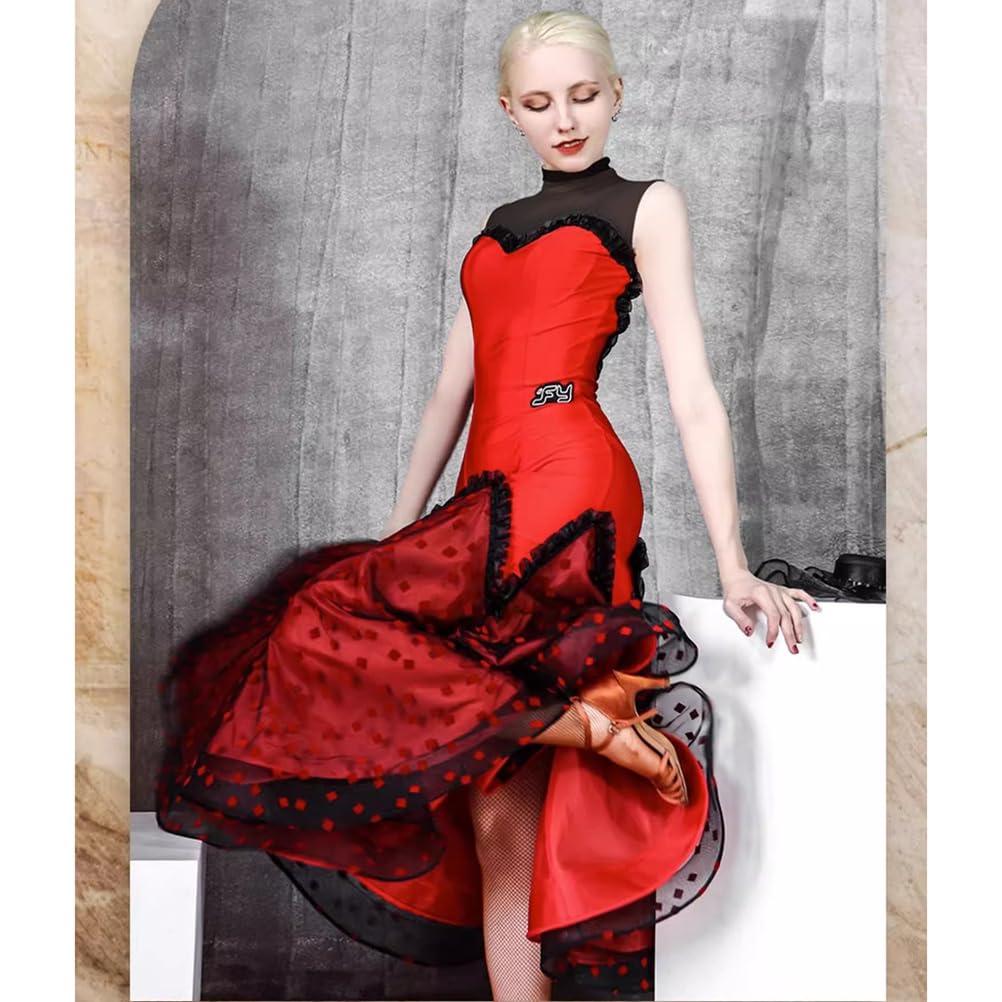 purpleq Vestido de Baile estándar Nacional para Mujeres, Vestido Rojo de salón, Waltz Moderno, Flamenco, Malla de Espina de pez, Falda de Gran Vuelo