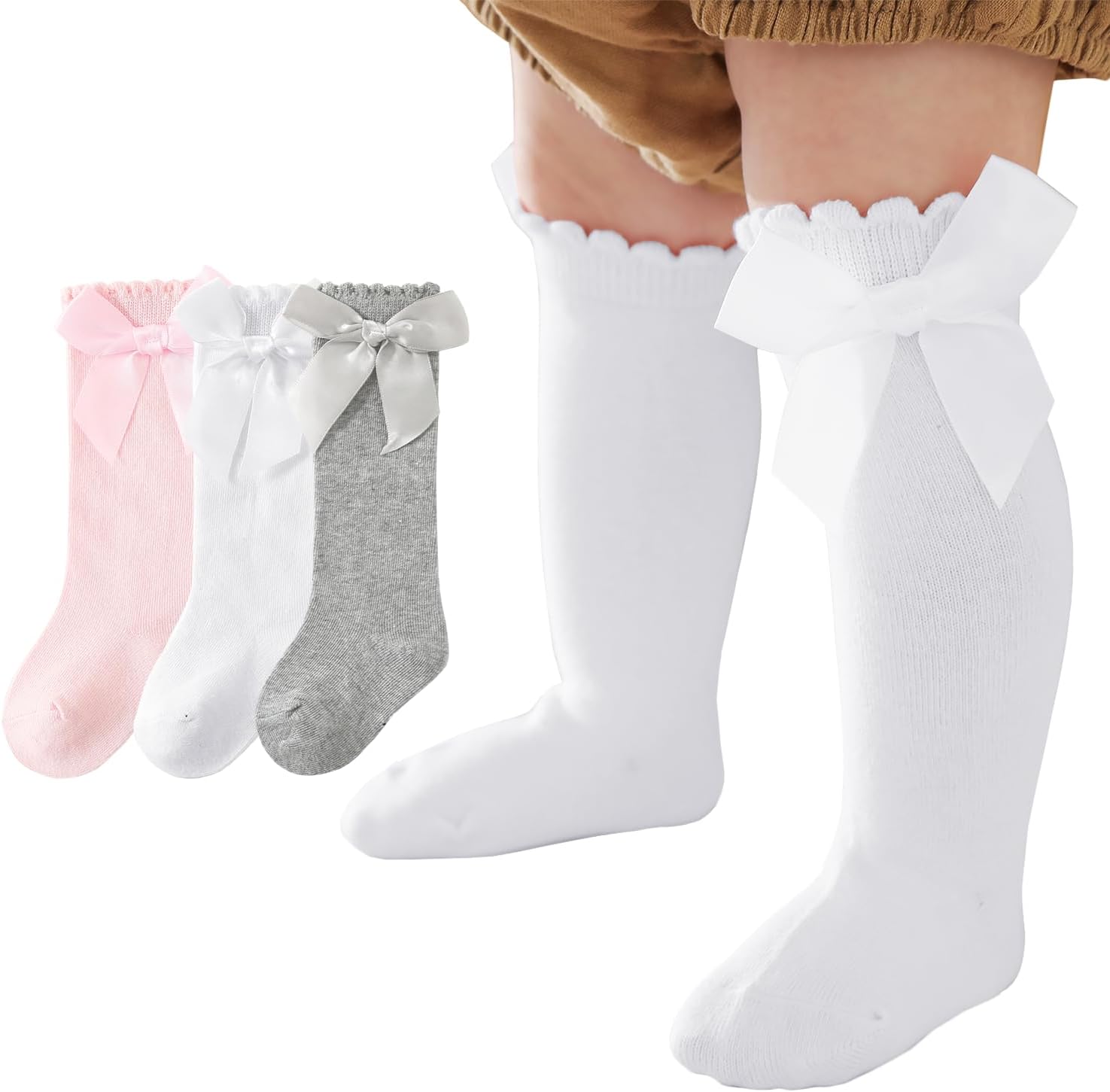MIREAZW Baby Knee High Socks Newborn Ruffle Bow Socks Infant Long Sock Toddler Girls Uniform Stockings