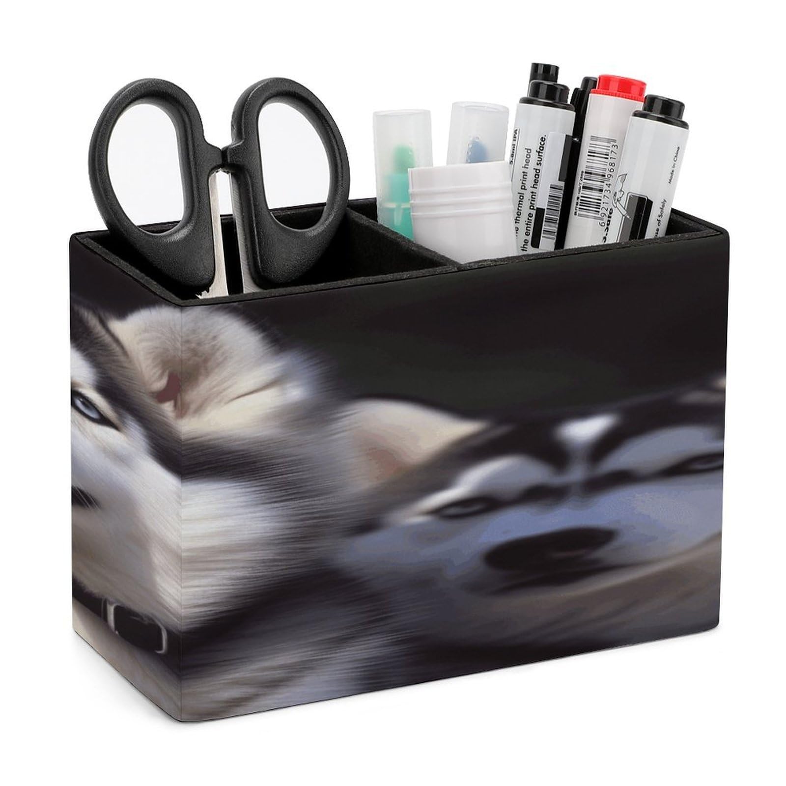 VstaDank Husky Dog Pencil Holder for Desk Organizer 2 Compartments Pen Cup Leather Square Pen Holder Pencil Cup Stand Makeup Brush Holders for Desktop Organizer Storage Case