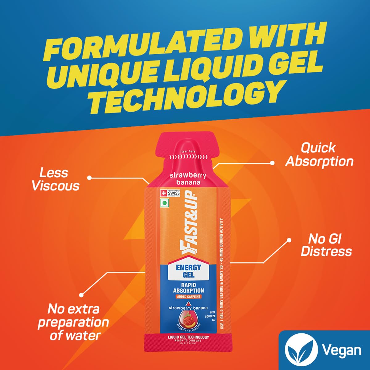 Fast&Up Energy Gel - Instant Energy - Workout Performance - Carbohydrate + Caffeine Gels - Pack of 5 Gels - Strawberry Banana Flavour - Image 2 thumbnail