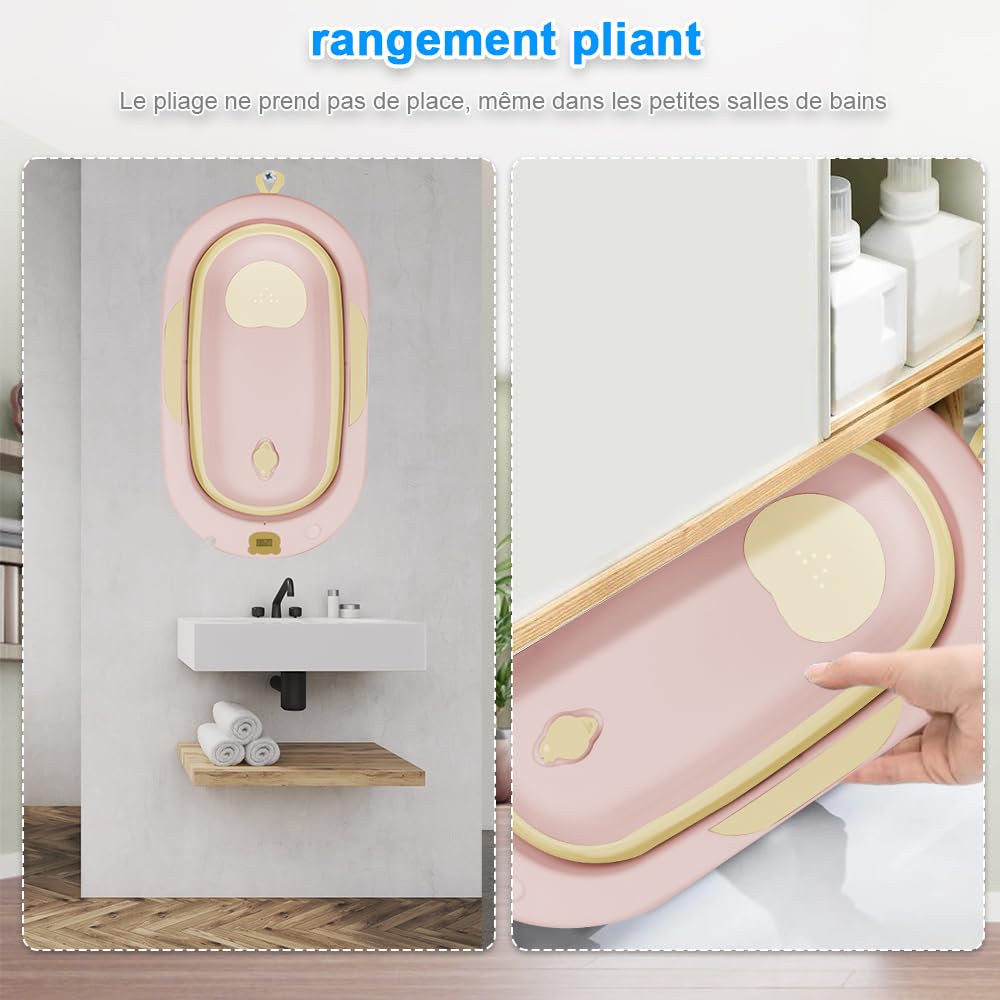 OHMG Bañera plegable para bebé, bañera de bebe con termómetro y cojín de baño, reductor antideslizante para bebé, bañera portátil para bebé de 0 a 3 años, ergonómico