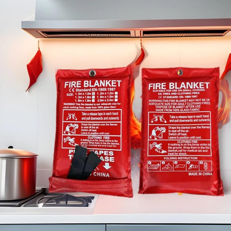 Image of Emergency Fire Blanket Set - 2-Pack - Kitchen Fire Blanket, 40 inch x 40 inch Home Safety Blanket, Fiberglass Fireproof Blanket. (2)