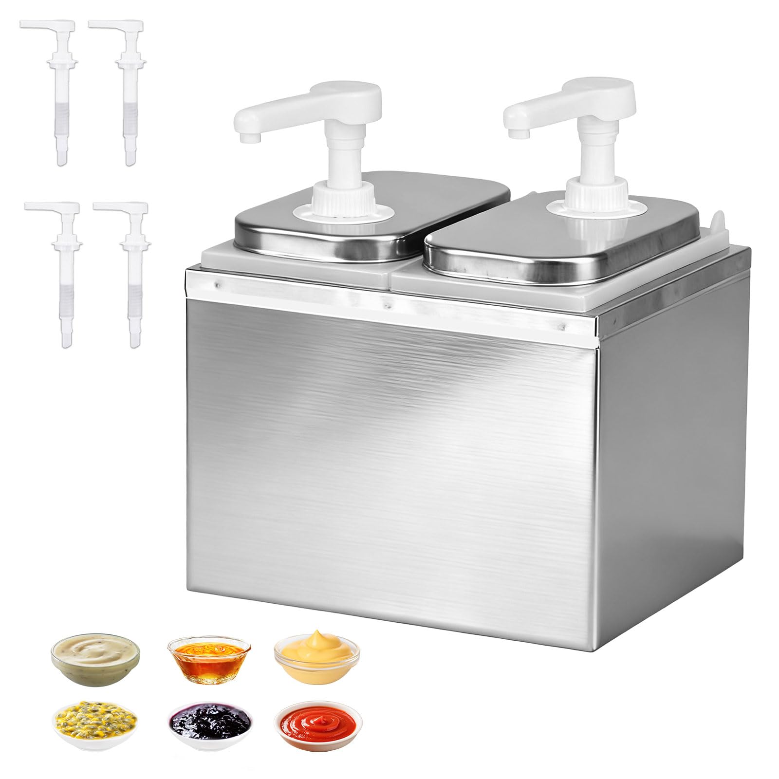 Dispensador de salsa de tomate de 4 litros, de acero inoxidable 304, apto para alimentos, 2 cabezales x 2 l, sin goteo, 30 ml por pulsador, apto para lavavajillas, ideal para ketchup, mayonesa, miel