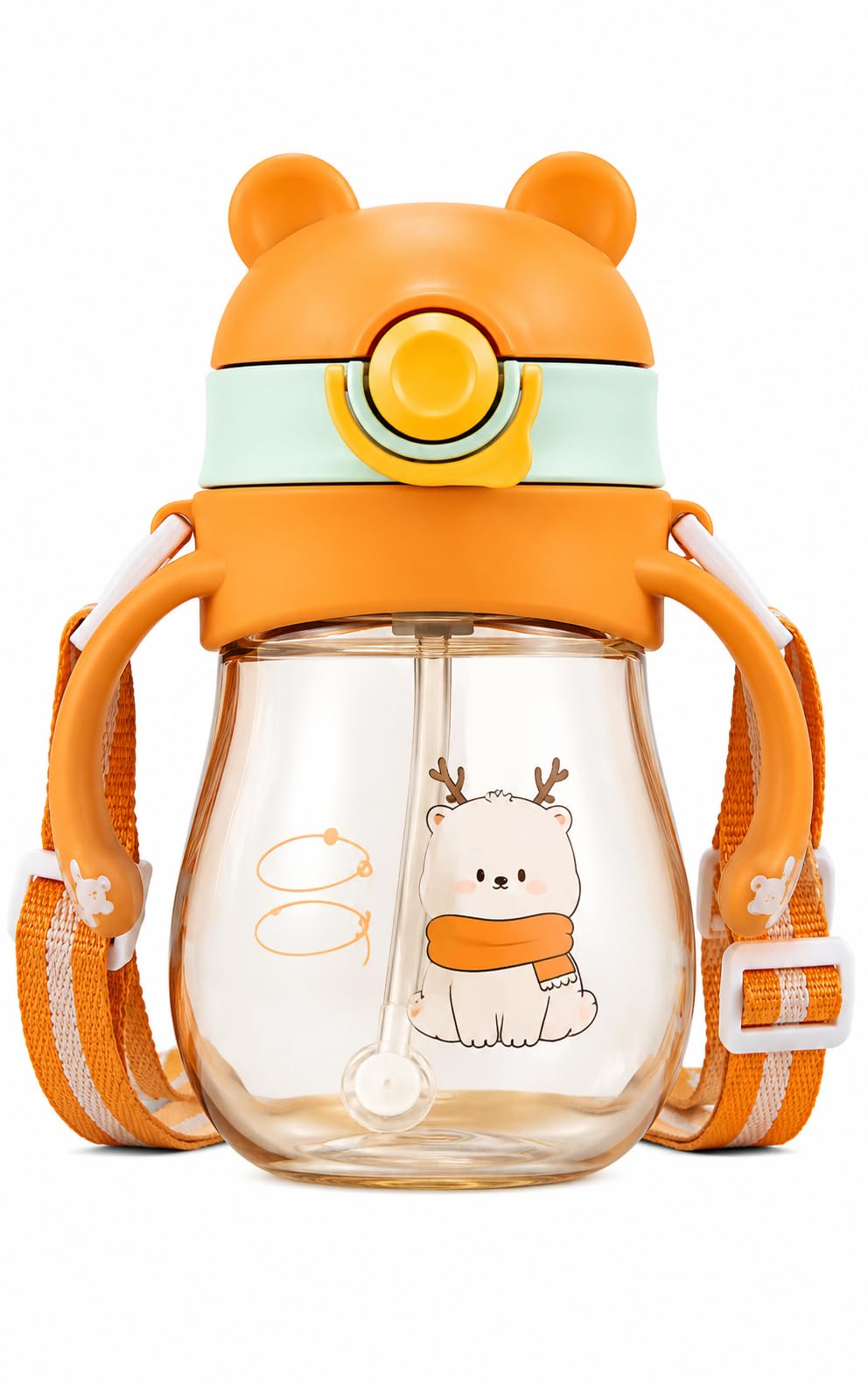 sweetly pie kids sippy cup with straw & handles, 300ml (orange) | bear ear lid design, adjustable shoulder strap, one-press button cap, dual grip handles, 6 inch tall