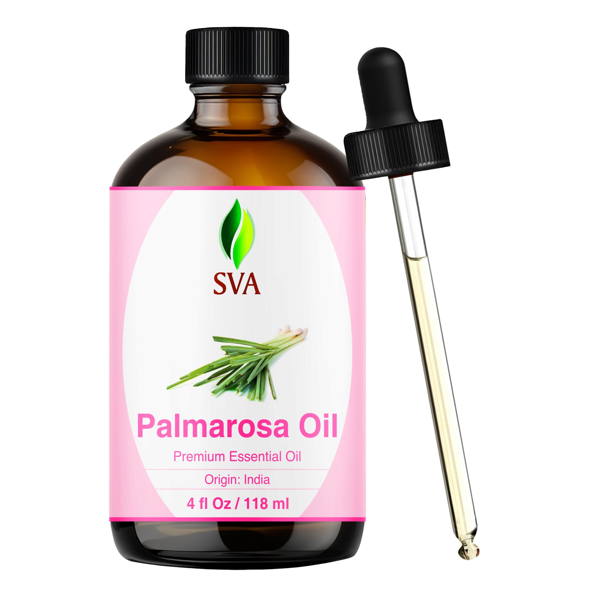 SVA ORGANICS Palmarosa Essential Oil- 118 ml (4 fl. oz.) 100% Pure, Natural & Premium Therapeutic Grade for Supple Skin, Nourished Hair, Aromatherapy & Massage