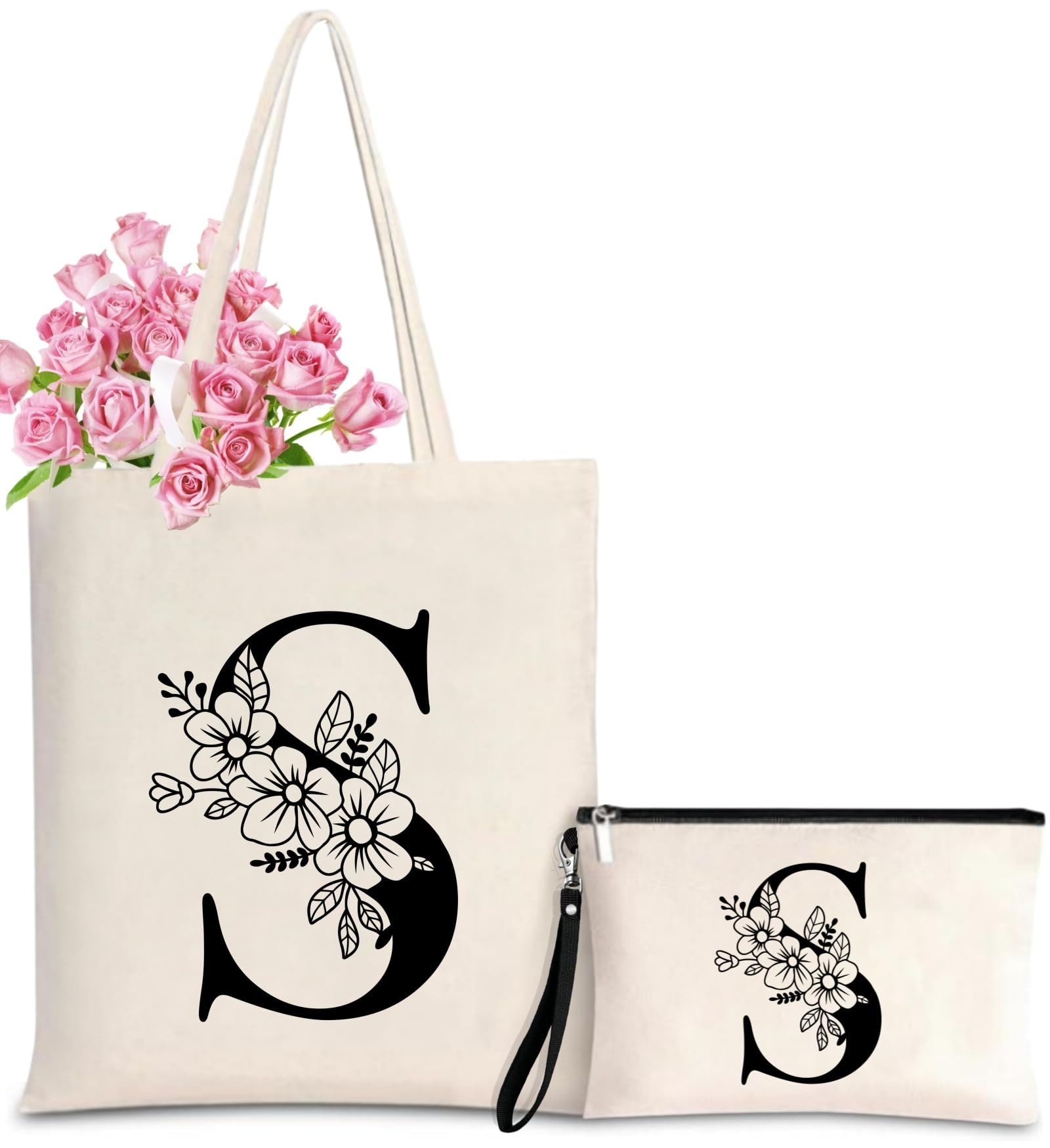 Nioobager Personalized Initial Tote Bag for Women - Monogrammed Bags with Makeup Gift Bag for Wedding, Birthday, Teacher