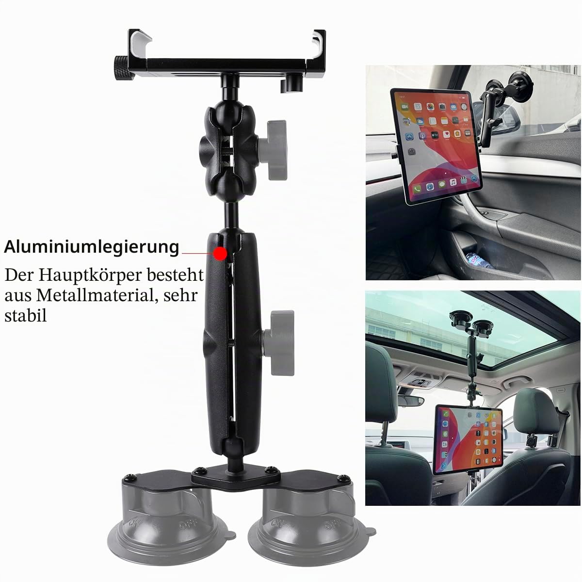 Aluminium-Tablet-Halterung für alle iPads, 360° verstellbar, sichere Doppel-Saugnapfhalterung für Auto, LKW, Windschutzscheibe, Sonnendach, kompatibel mit iPad Pro 12,9 Mini Air, Galaxy Tabs und