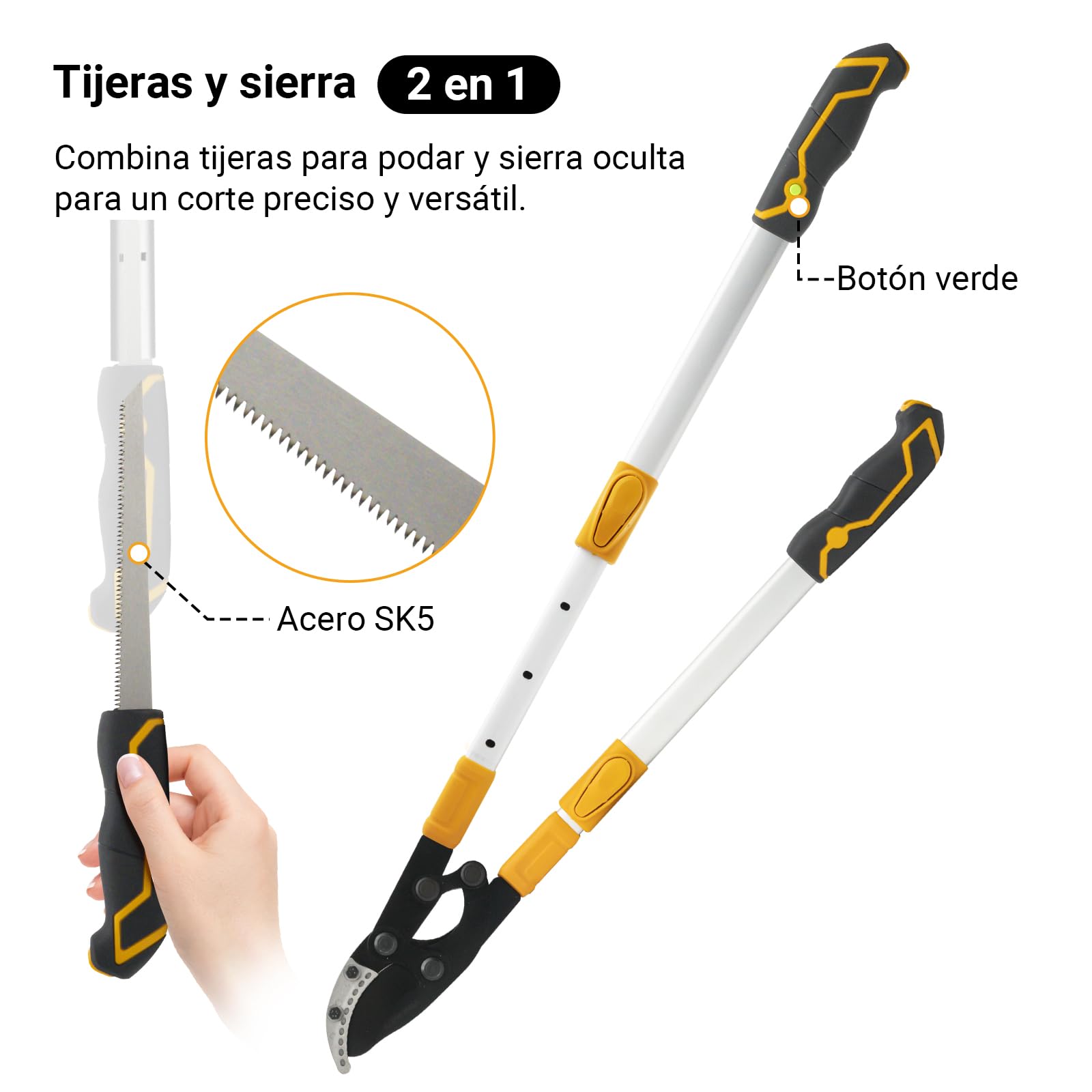 Tijeras de podar telescópicas con sierra de mano de 21 cm, tijeras de podar de 75 – 93 cm, diámetro máximo de corte de 60 mm, tamaño grande
