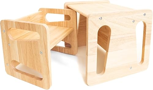 Montessori Juego de mesa y silla de destete – Mesa de madera maciza para niños pequeños – Sillas cúbicas para niños pequeños – Madera dura real –