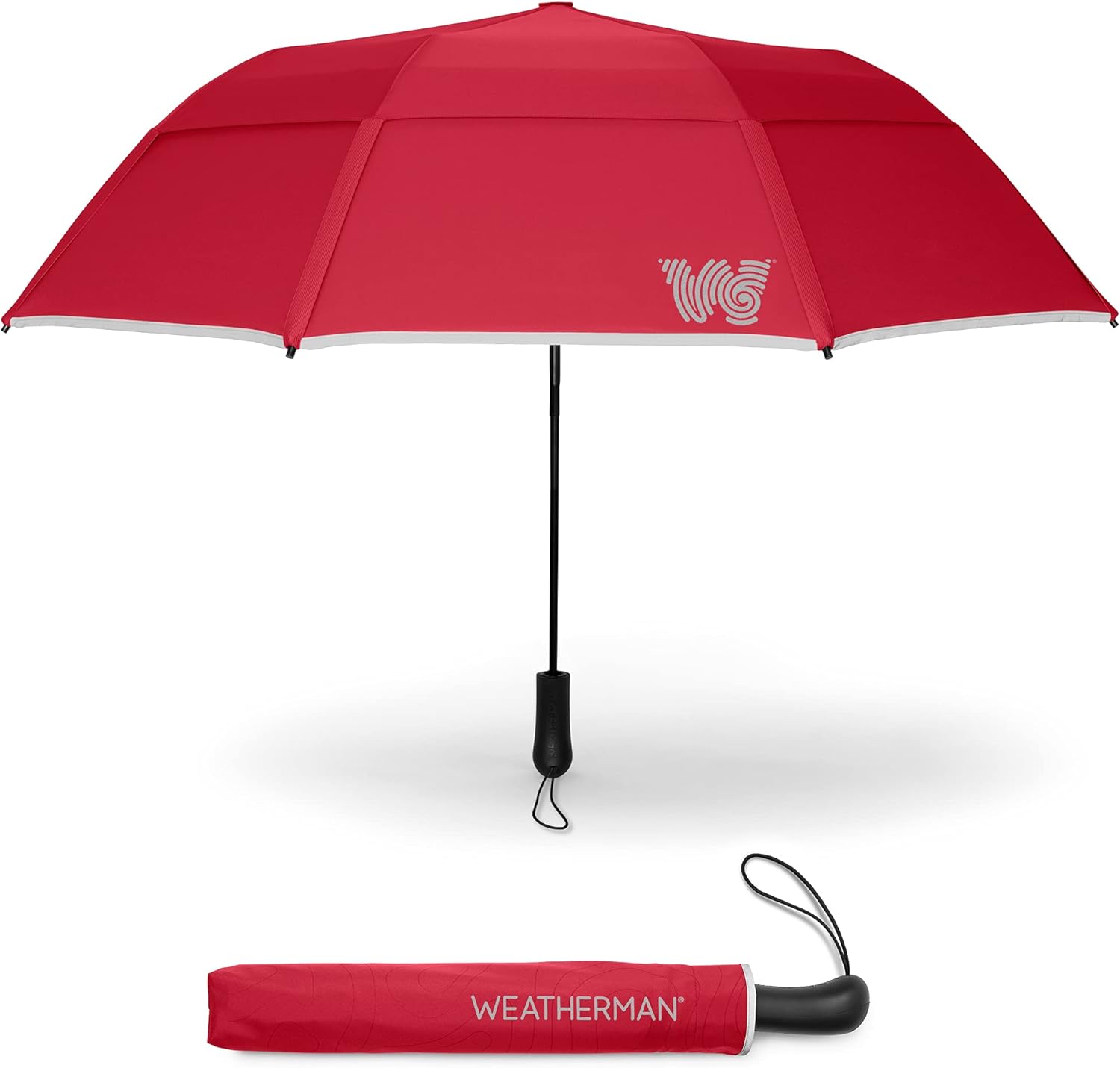 Weatherman Premium Collapsible Travel Umbrella - Windproof, Compact, Easy Auto Open - Resists Up to 55 MPH Winds - Perfect for Rain, Wind, Backpack, Car - Folding Umbrella (Red)