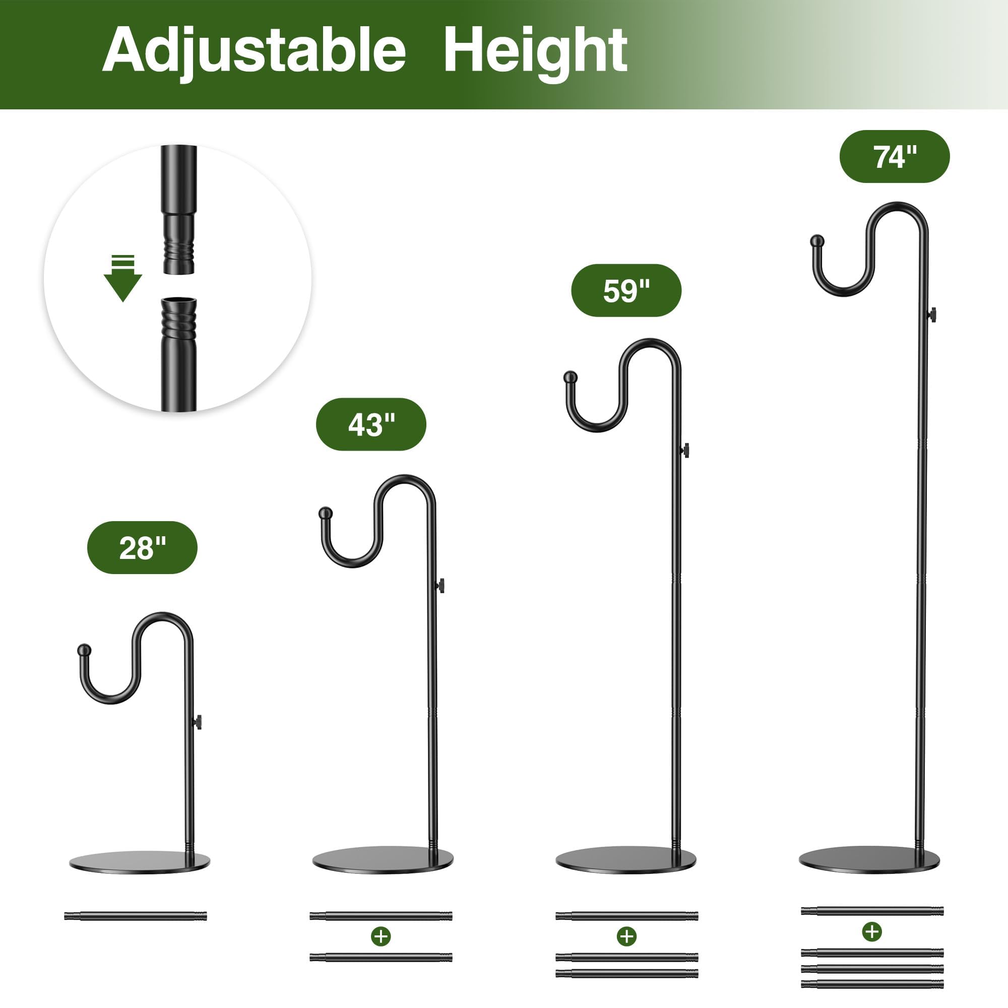 saffruff Gancho de pastor de 188 cm, altura ajustable, gancho metálico independiente, base para comederos de pájaros, macetas, campanas de viento, faroles, decoración de bodas