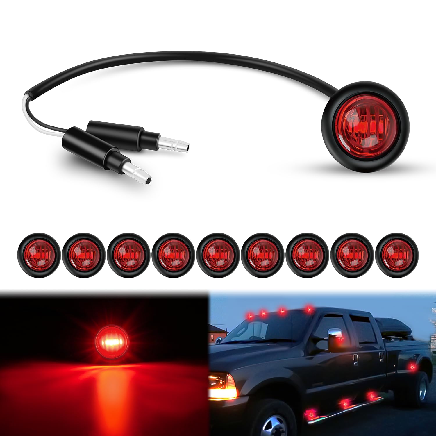 Nilight 3/4" Round Marker Light 10PCS Red LED Clearance 2 Connectors