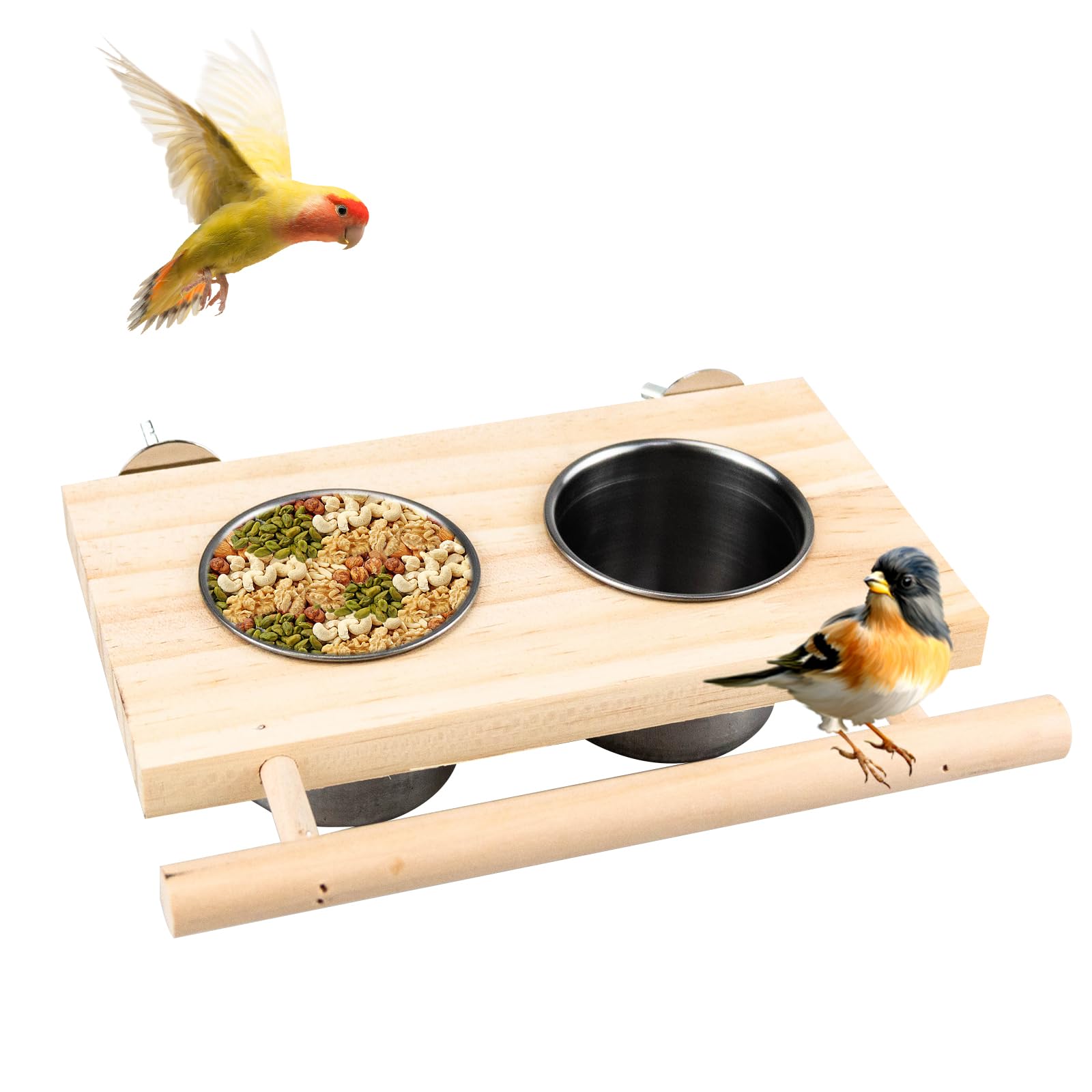 Bird Food Stainless Steel Cup with Wooden Perch Hanging Feeder Bowl Parrot Feeding Tray and Water Feeding Cup Cornish Cockatiels Red-Bellied Parakeets Budgies