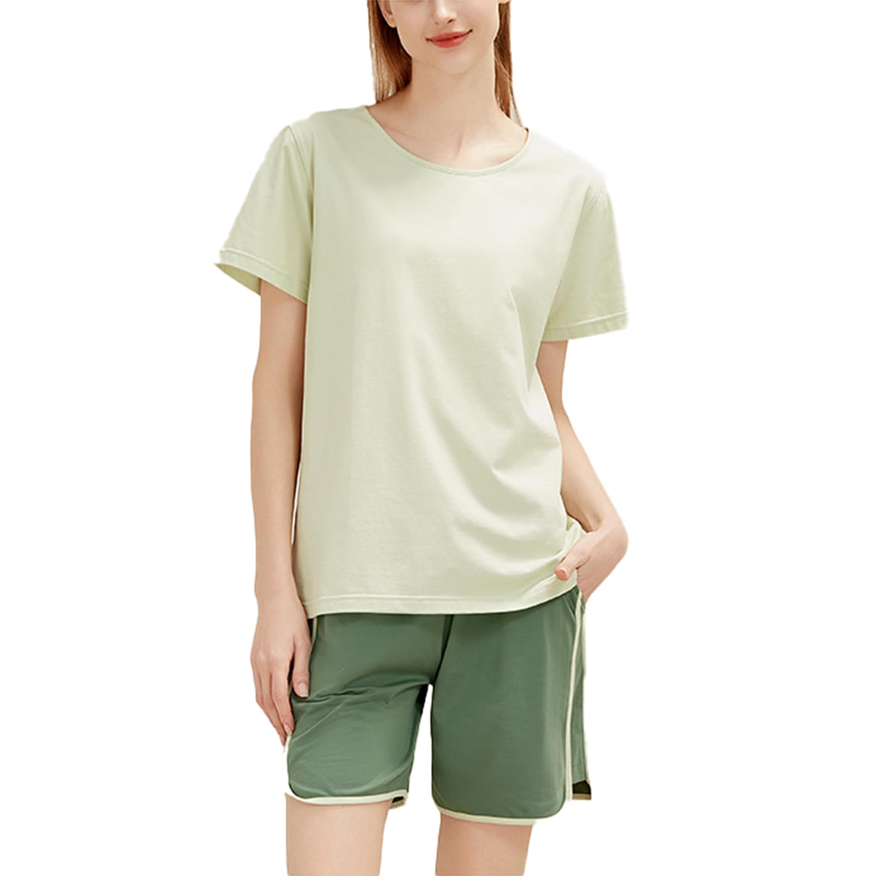 Generic Damska 2-częściowa piżama letnia cienka dzianina czysta bawełniana piżama okrągły dekolt krótkie spodenki z krótkim rękawem,Light green,L