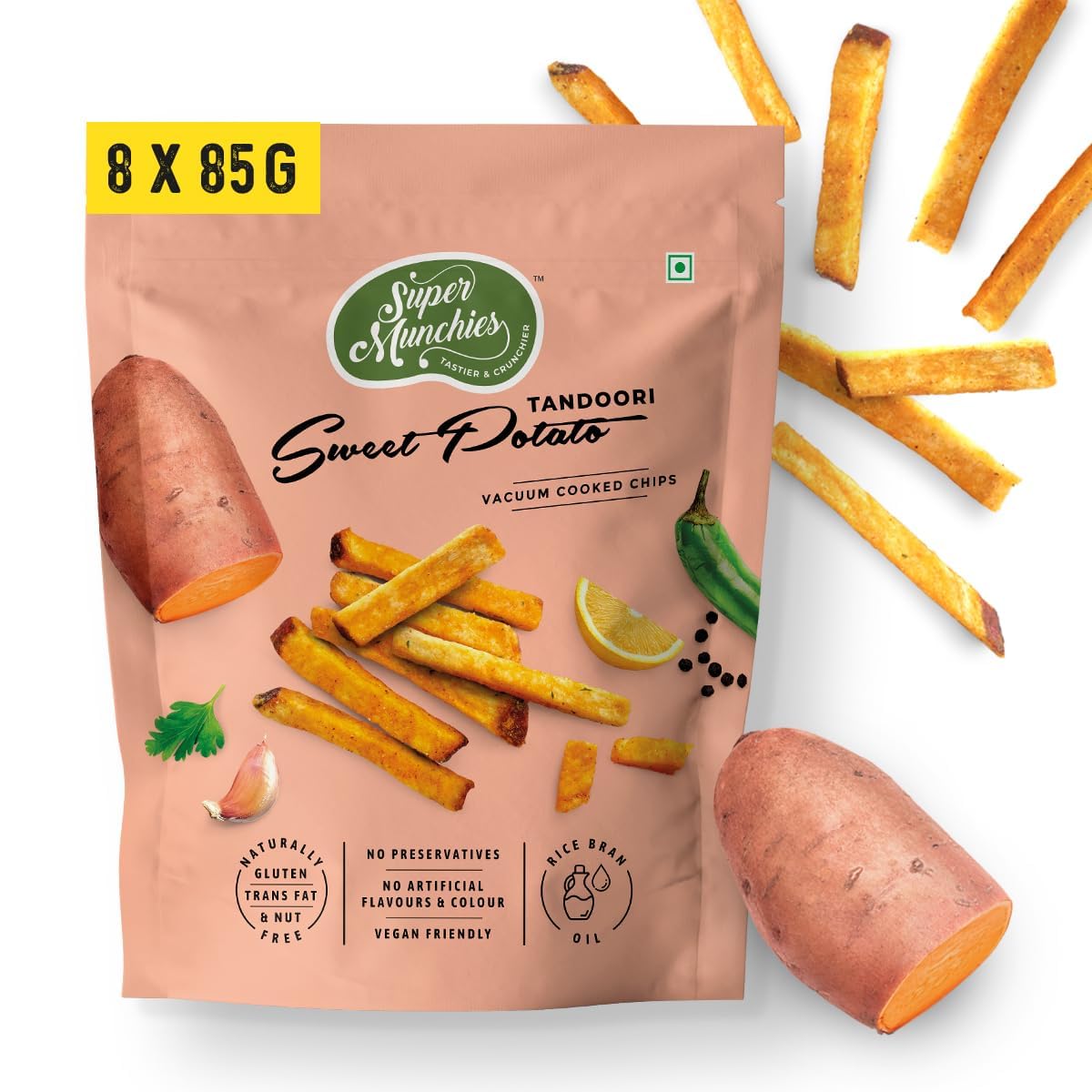 SUPER MUNCHIES Vacuum Cooked Root Vegetables - Vegan, Gluten Free, Zero MSG, No Preservatives, Zero Trans Fat, Low fat, Zero Trans Fat & Cholesterol (Tandoori Sweet Potato, Pack of 8) (B0D8YD316H) Amazon Price History, Amazon Price Tracker