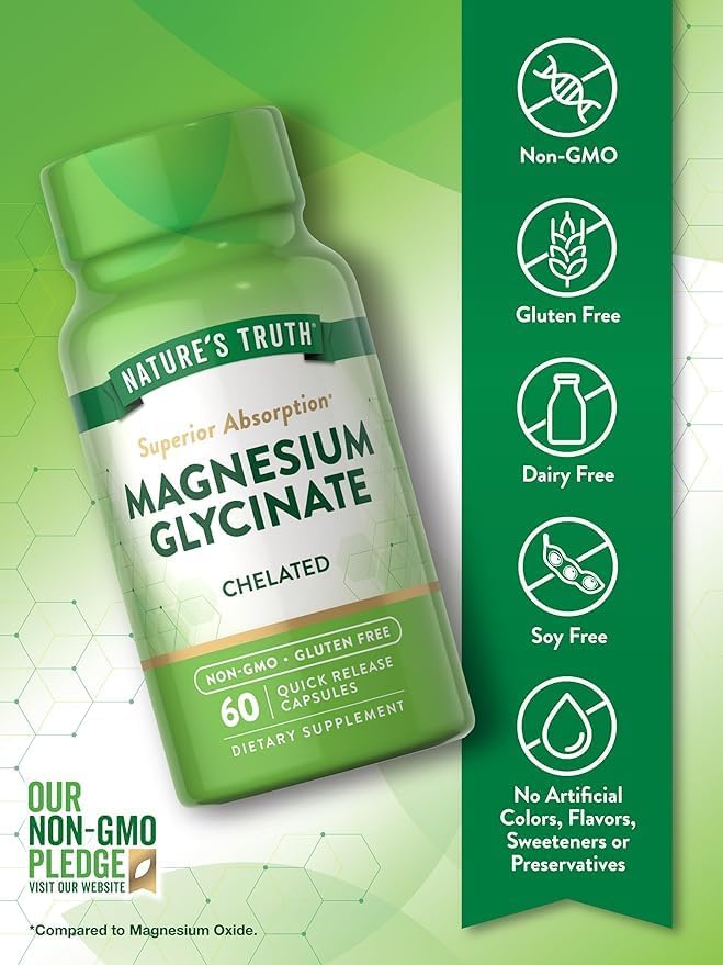 Magnesium Glycinate Capsules | 200mg | 60 Count | Chelated Superior Absorption Formula | Non-GMO & Gluten Free Supplement | by Nature's Truth (Pack of 2)