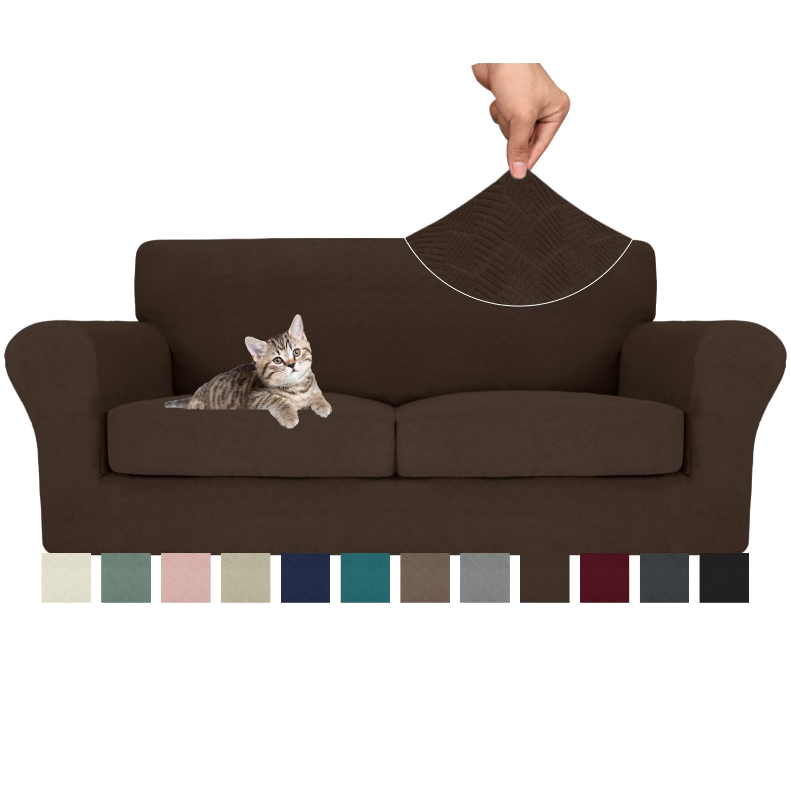 MAXIJIN 3 Piece Couch Covers for 2 Cushion Couch Sofa Cover, Stretch Loveseat Sofa Slipcovers for Sofas with 2 Large Cushions, Thick Dogs Pet Furniture Covers (71"-91", Coffee)