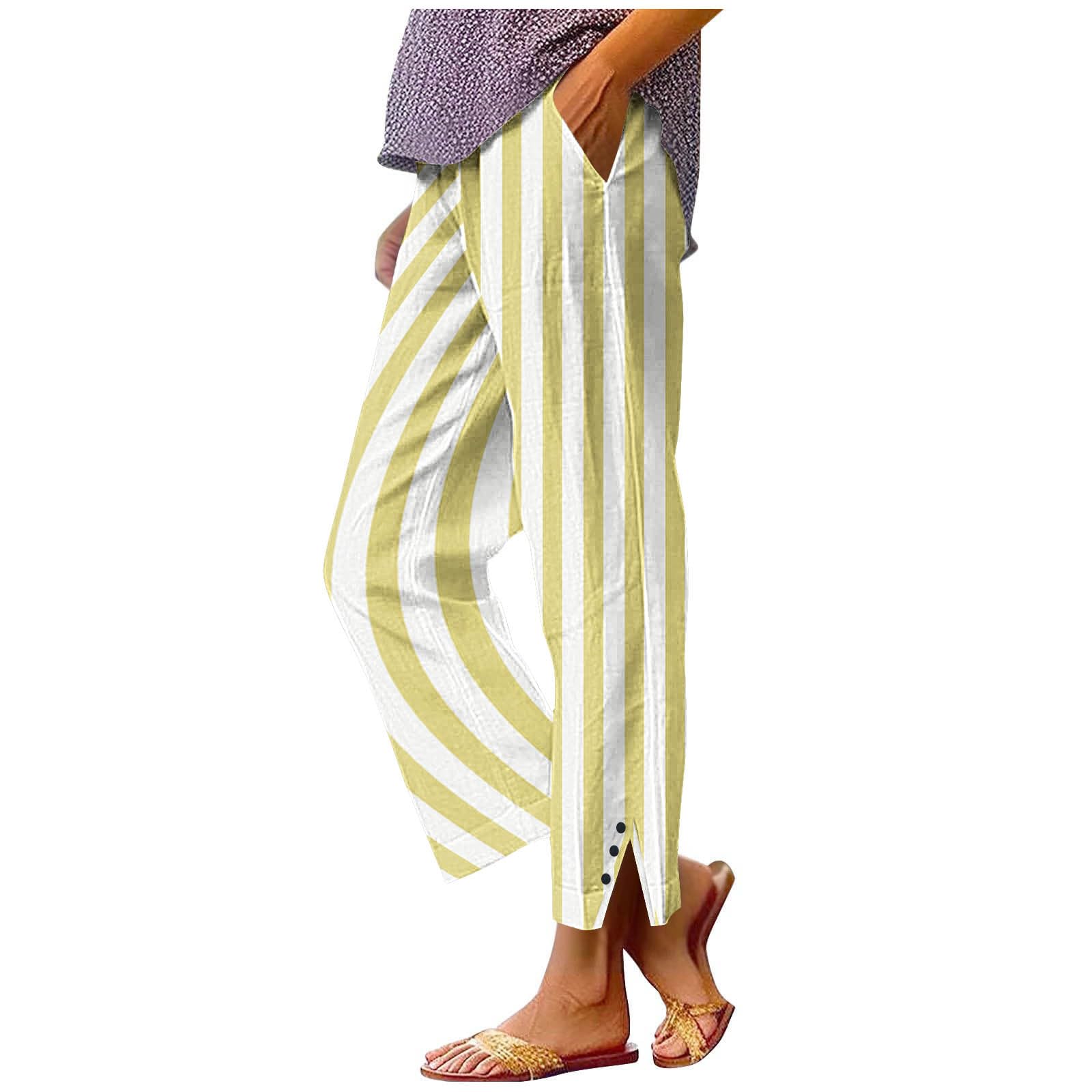 Women Linen Pants High Elastic Waist Striped Print Vintage Capri Beach Casual Drawstring Trousers with Pockets