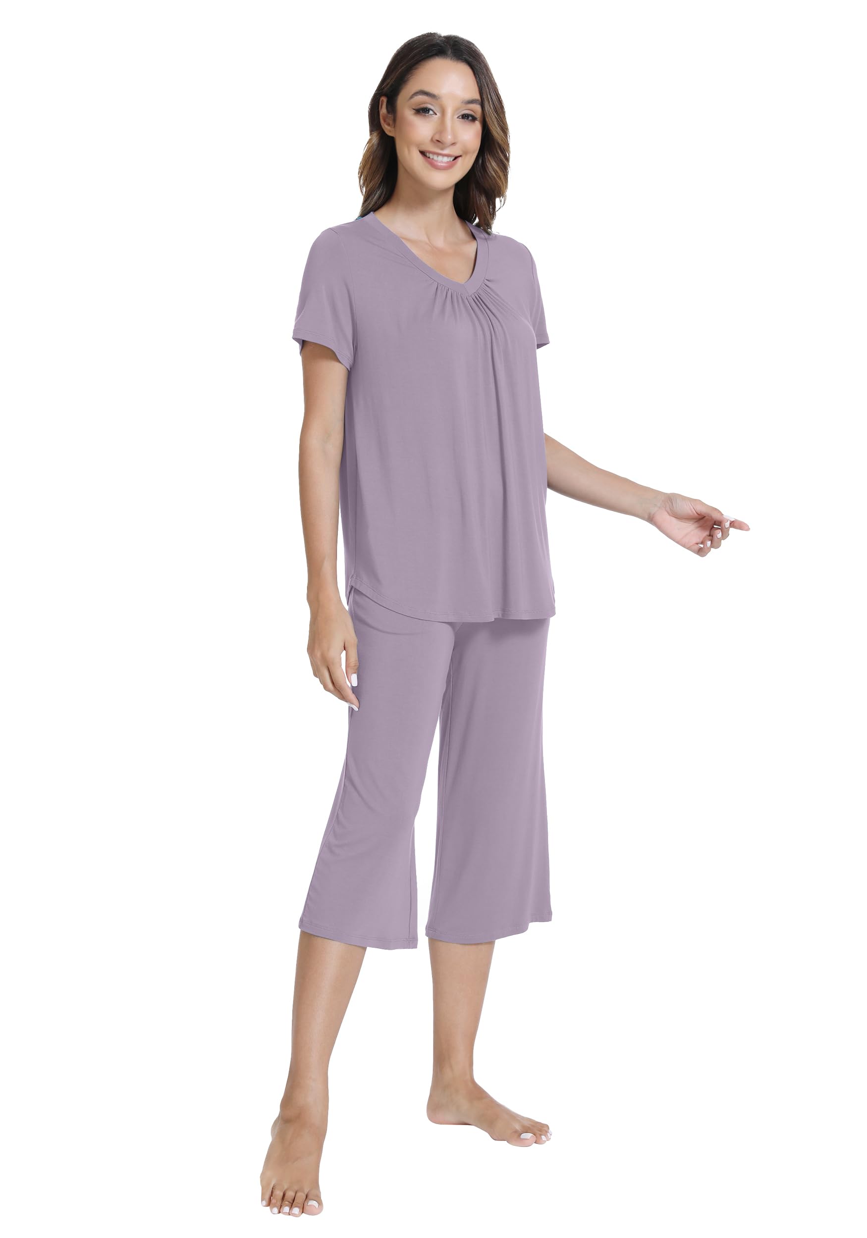WiWi Conjunto de pijama suave para mujer, camiseta suelta de manga corta con capris y pantalones capri, pijamas S-XXL