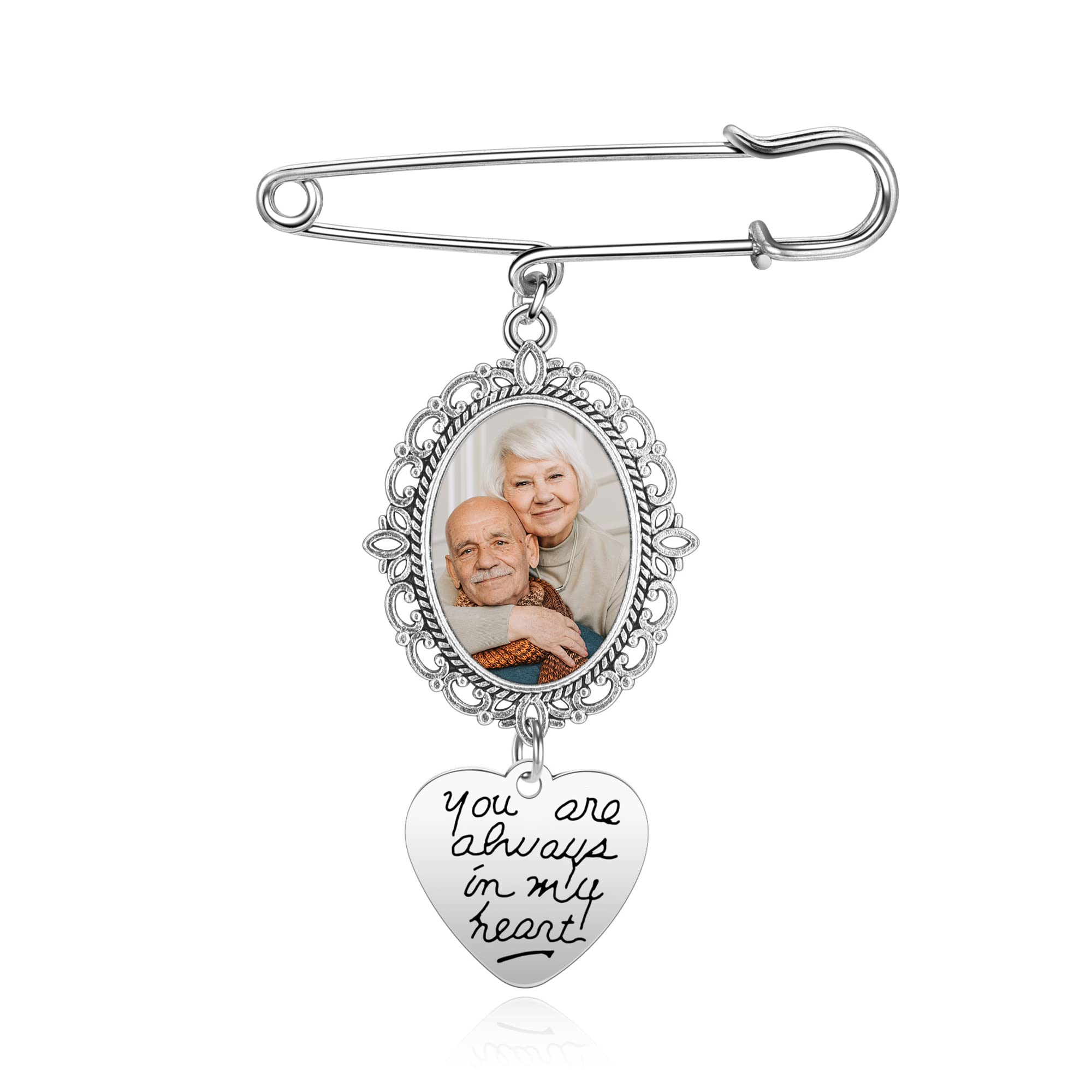 AllerPierce Personalized Wedding Bouquet Charms Photo Memory, Bridal Bouquet Charm in Antique, Boutonniere Pin Brooch Picture Custom Memorial Gift for Bride Groom Mum Nan Grandad Dad