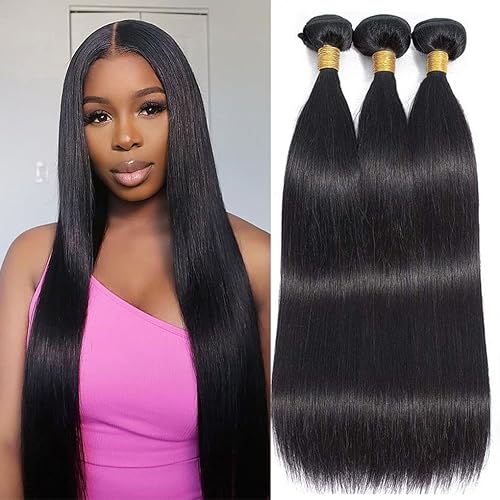 12A Brazilian Straight Bundles Human Hair 18 20 22 Inch, 100% Unprocessed Virgin Human Hair Bundles Straight, Soft Double Weft Quick Weave Hair 3 Bundle Deals Natural Black Color