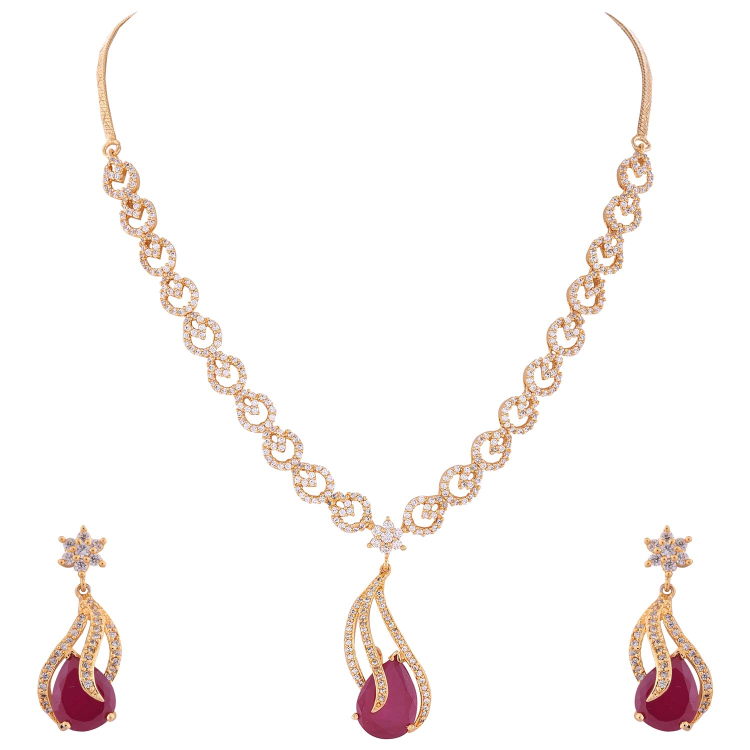 Ratnavali JewelsWomen's Gold Tone Cubic Zirconia V Shape Pendant Drop Necklace Earrings Set for Brides and Weddings