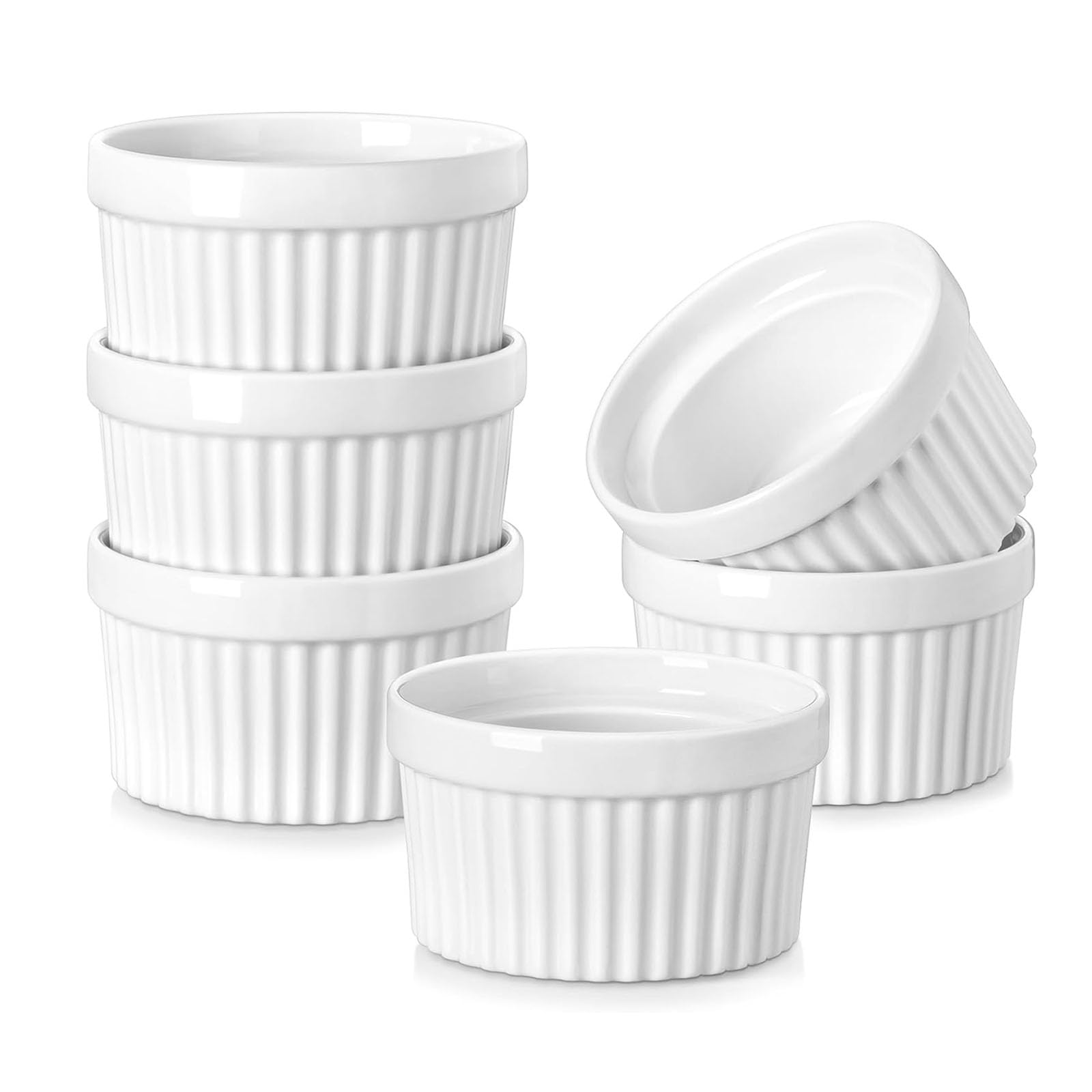 6 Pirottini in crema Brulee, resistenti al forno, in ceramica, per ciotole per ragout fini, per muffin, panna cotta, 10 cm, bianco