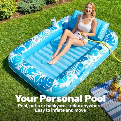SLOOSH Inflatable Tanning Pool Lounger Float, 70" x 46" Pool Floats Adult with Pillow, 4 in 1 Suntan Tub Raft Floatie,Sunbathing Bed Lounge for Water Blow Up Kids Ball Pit Party Gifts, L-Blue - 2