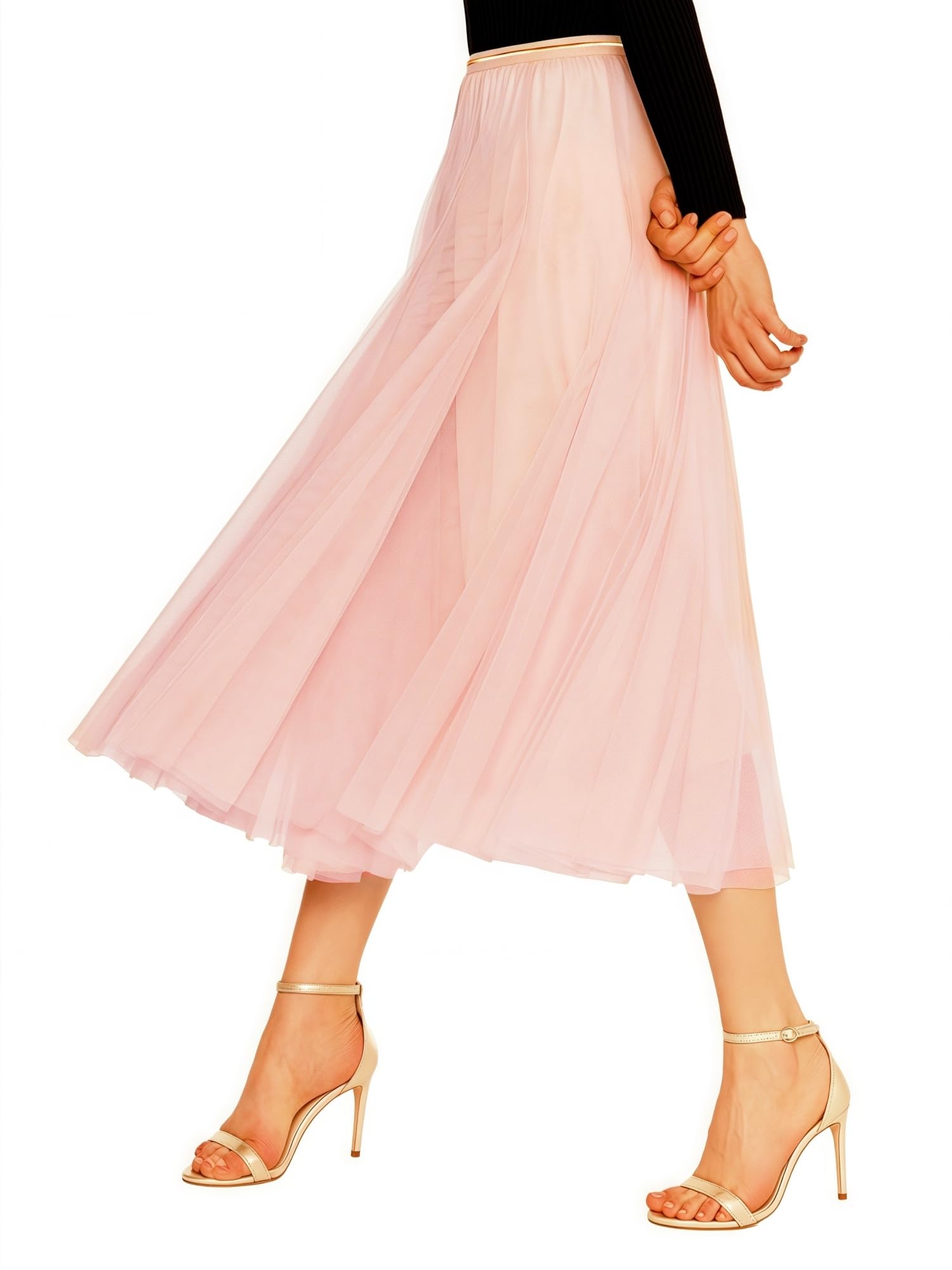 Jupe Tutu Mi Longue Femme en Voile à Couches Plissée avec Taille Contrastante
