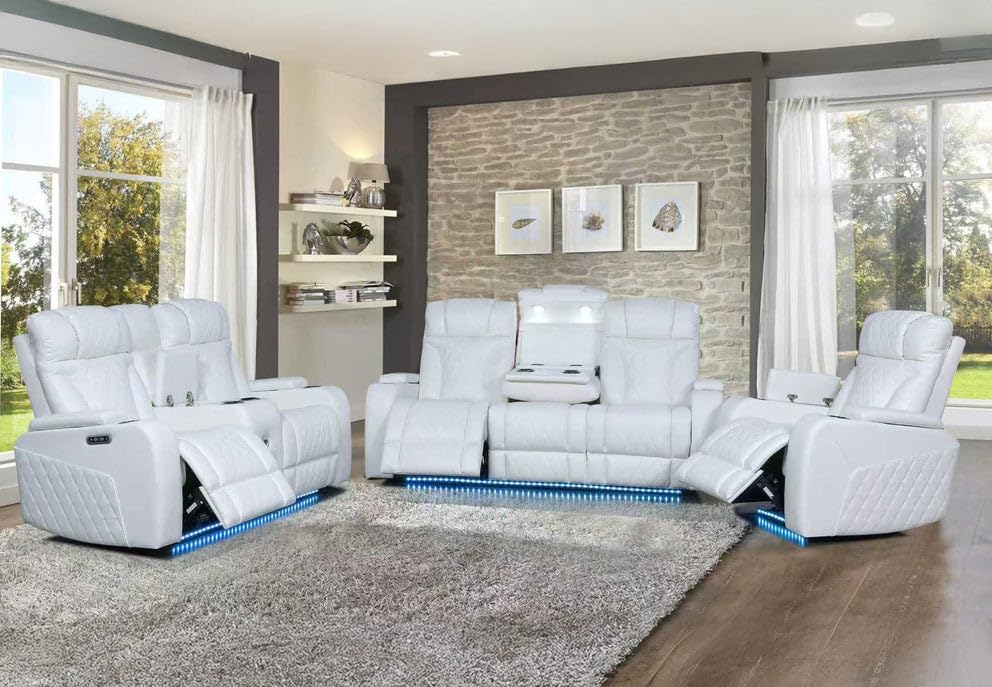 First of a Kind Luxurious Dual White Reclining Sofa - Diamond-Stitched Leather Couch with LED Lighting - Built-in Cup Holders, Power Controls, &