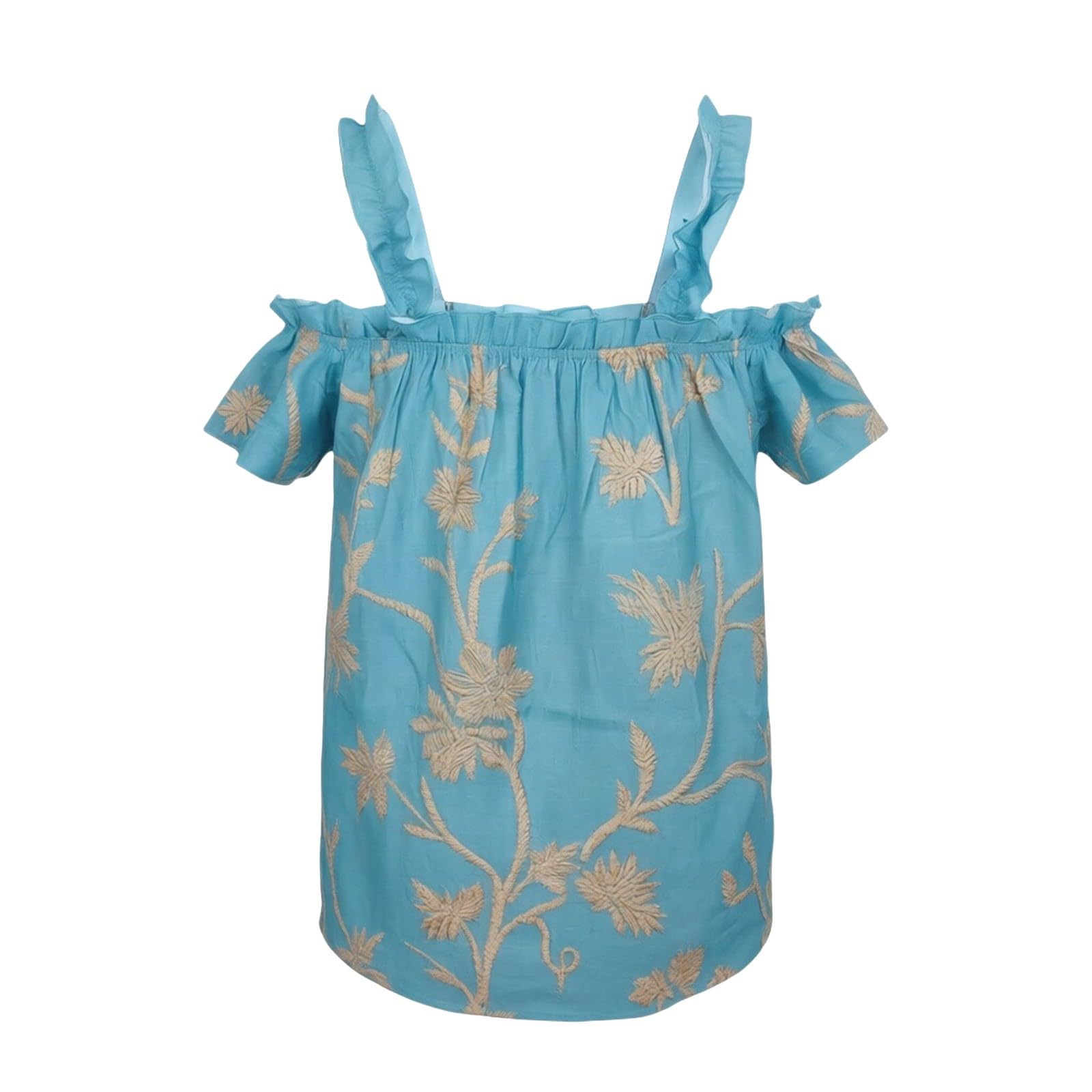 Top da donna con spalle scoperte, maniche corte, ricamato, largo