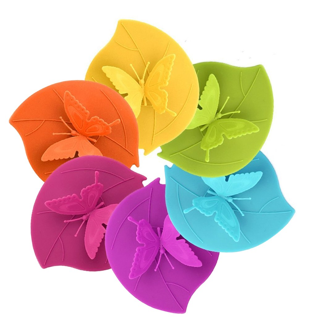 Food Grade Silicone Cup Lids, IPHOX Creative Butterfly Mug Cover [Set of 6] Anti-dust, Airtight Seal, Silicone Drink Cup Lids, Hot Cup Lids (Butterfly)