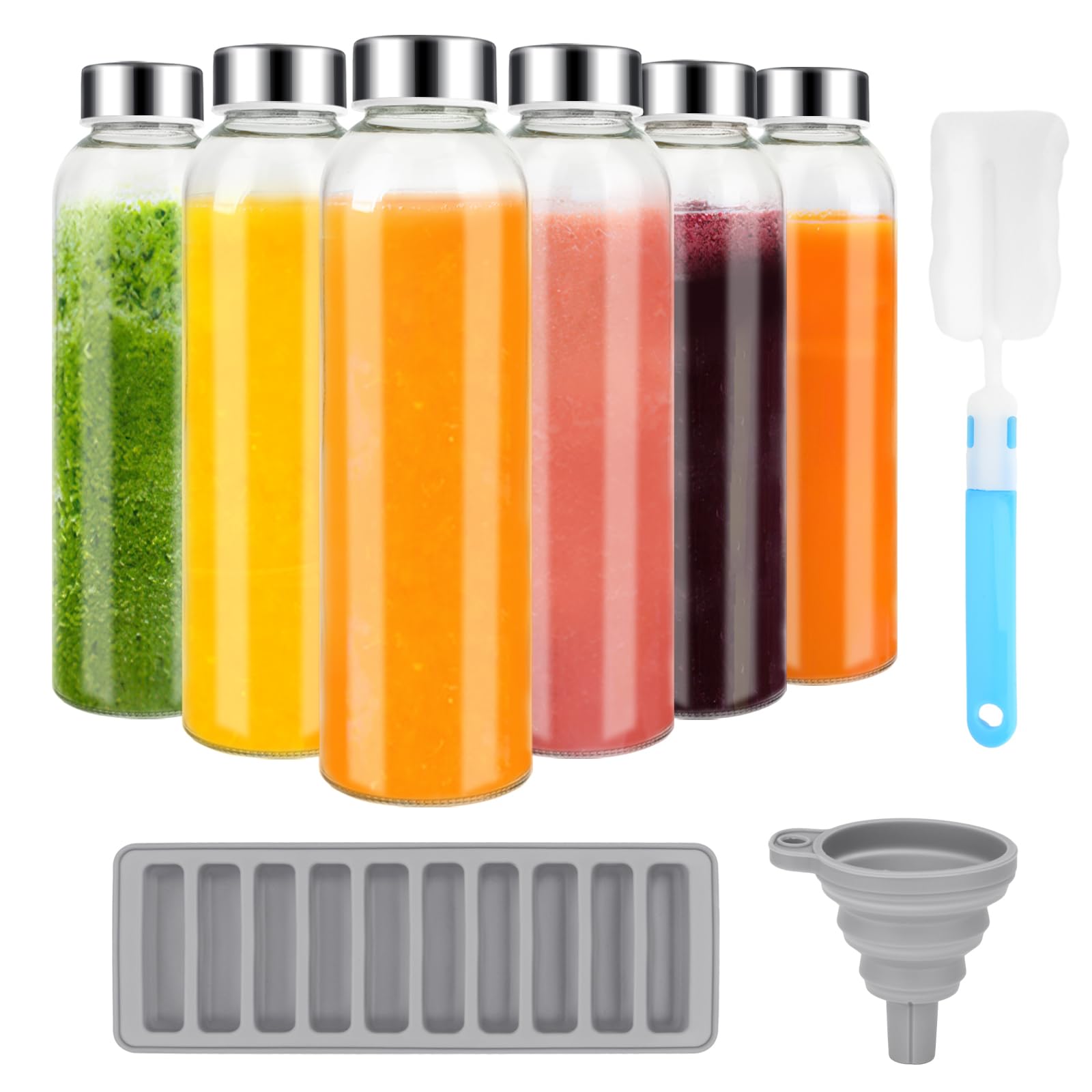 Glass Juice Bottles with Lids for Juicing 18 oz, Reusable Clear Glass Water Bottles with Stainless Steel Airtight Cap for Refrigerator, 100% Leak Proof, BPA Free, ECO Friendly, Set of 6