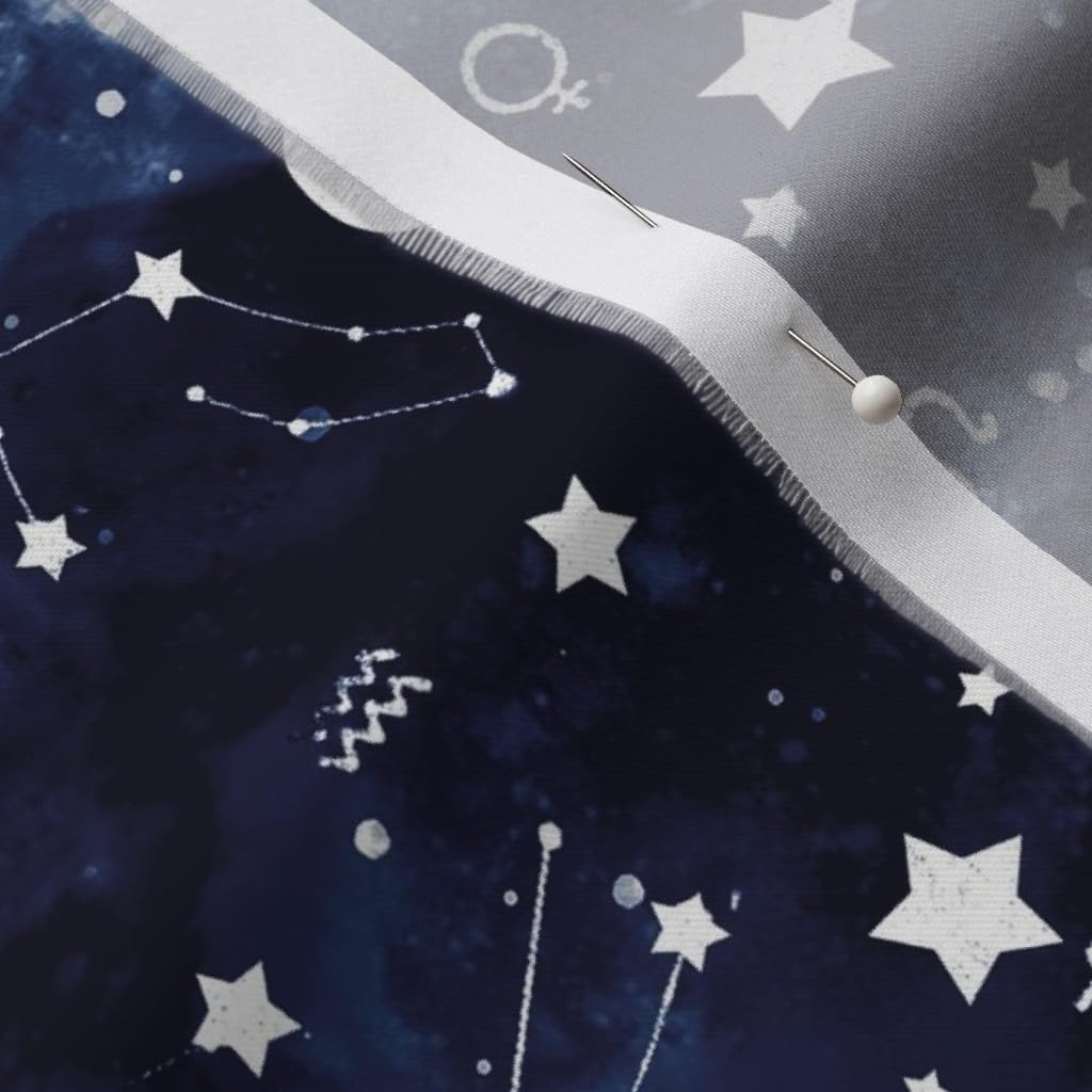 Spoonflower Fabric - Zodiac Dark Blue Stars Constellations Moon Galaxy Astrology Printed on Organic Cotton Sateen Fabric by The Yard - Sewing Quilting Apparel Home Decor