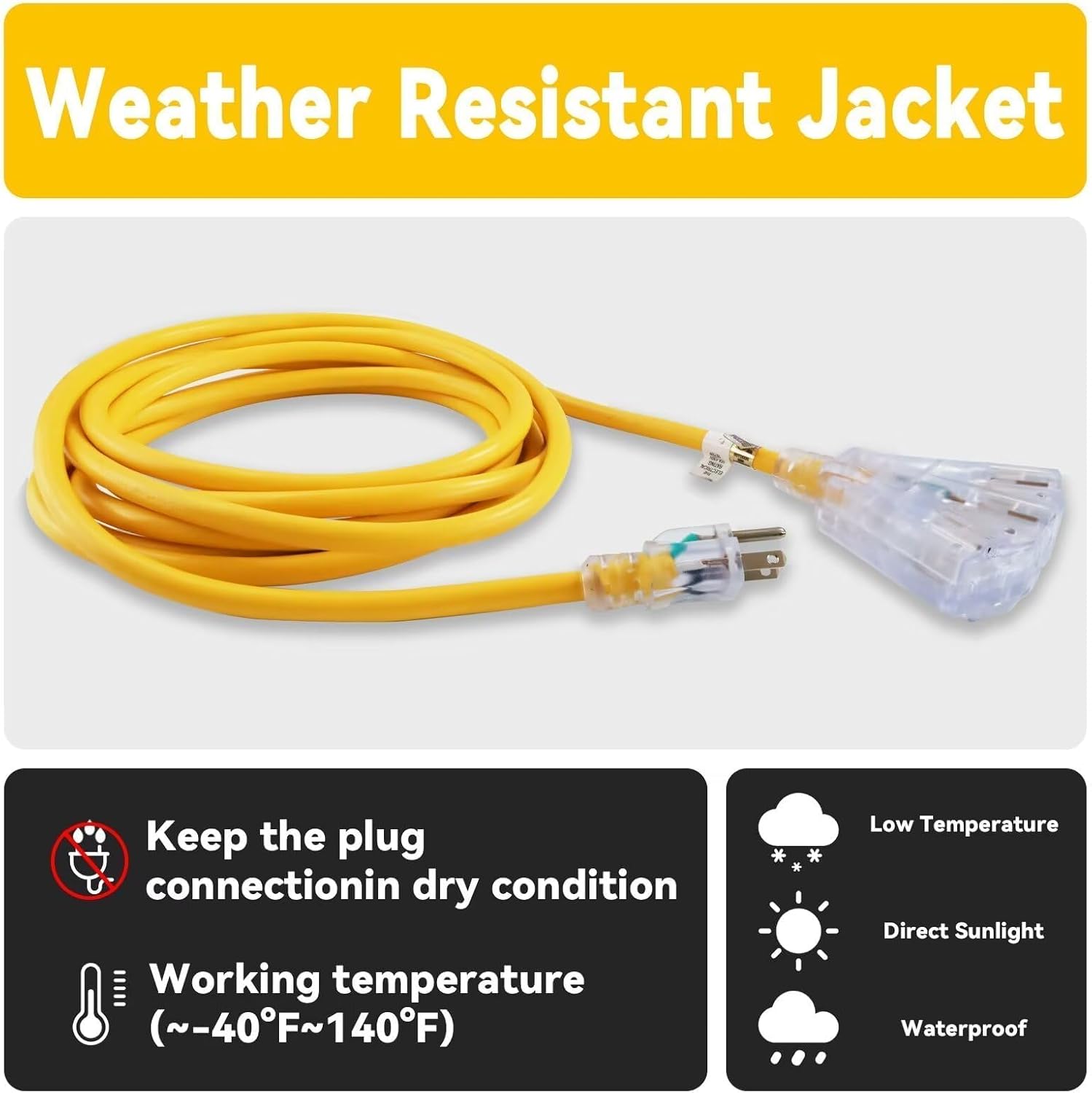 EP 50 Ft 12 Gauge Heavy Duty Extension Cord, 15A 125V 1875W, 3 Outlet Indoor/Outdoor Power Cord with Lighted End, 12/3 SJTW Weatherproof Yellow