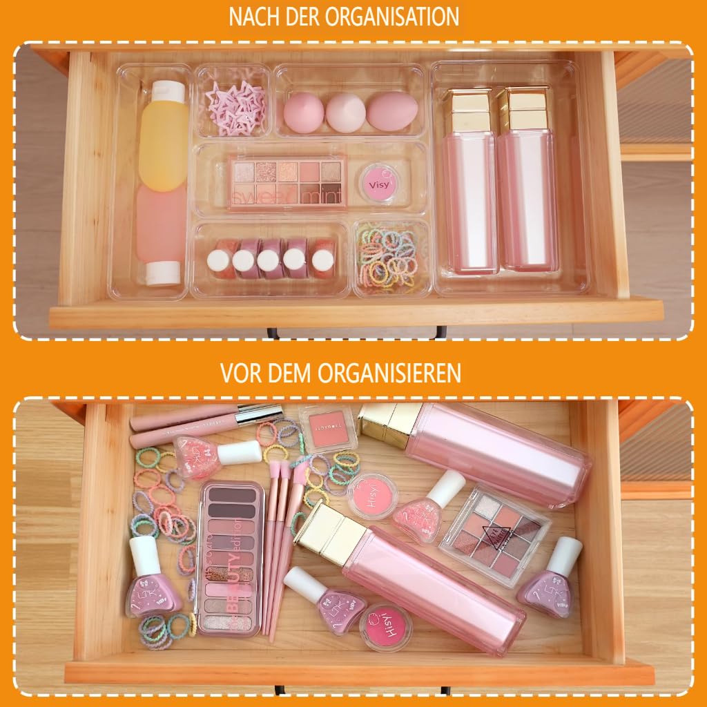 Organizer per cassetti, 25 pezzi, in 4 misure, in plastica, per toeletta e trucco, organizzatore (trasparente)