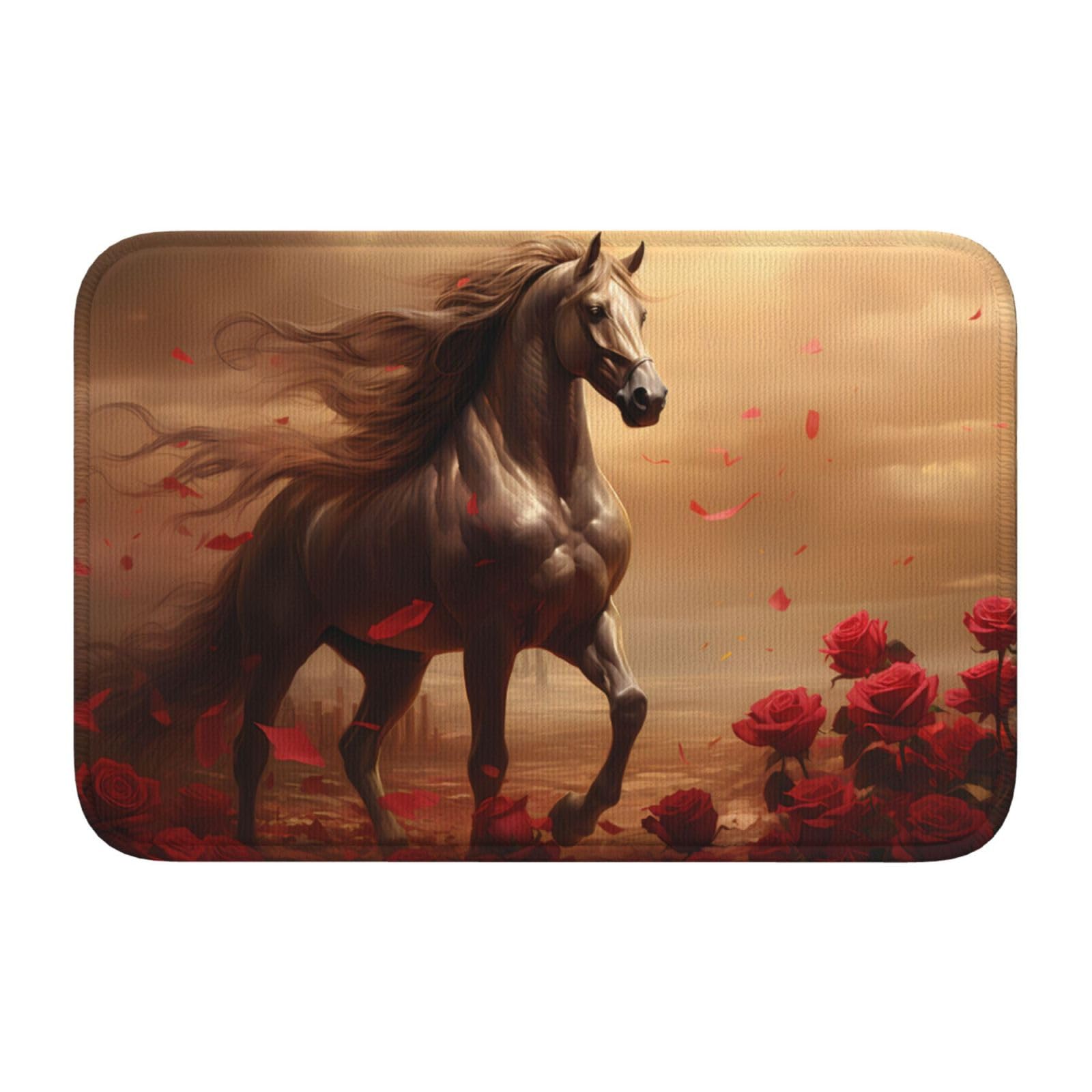 Tapis de sol antidérapant cheval et rose lavable et ultra résistant 40x60