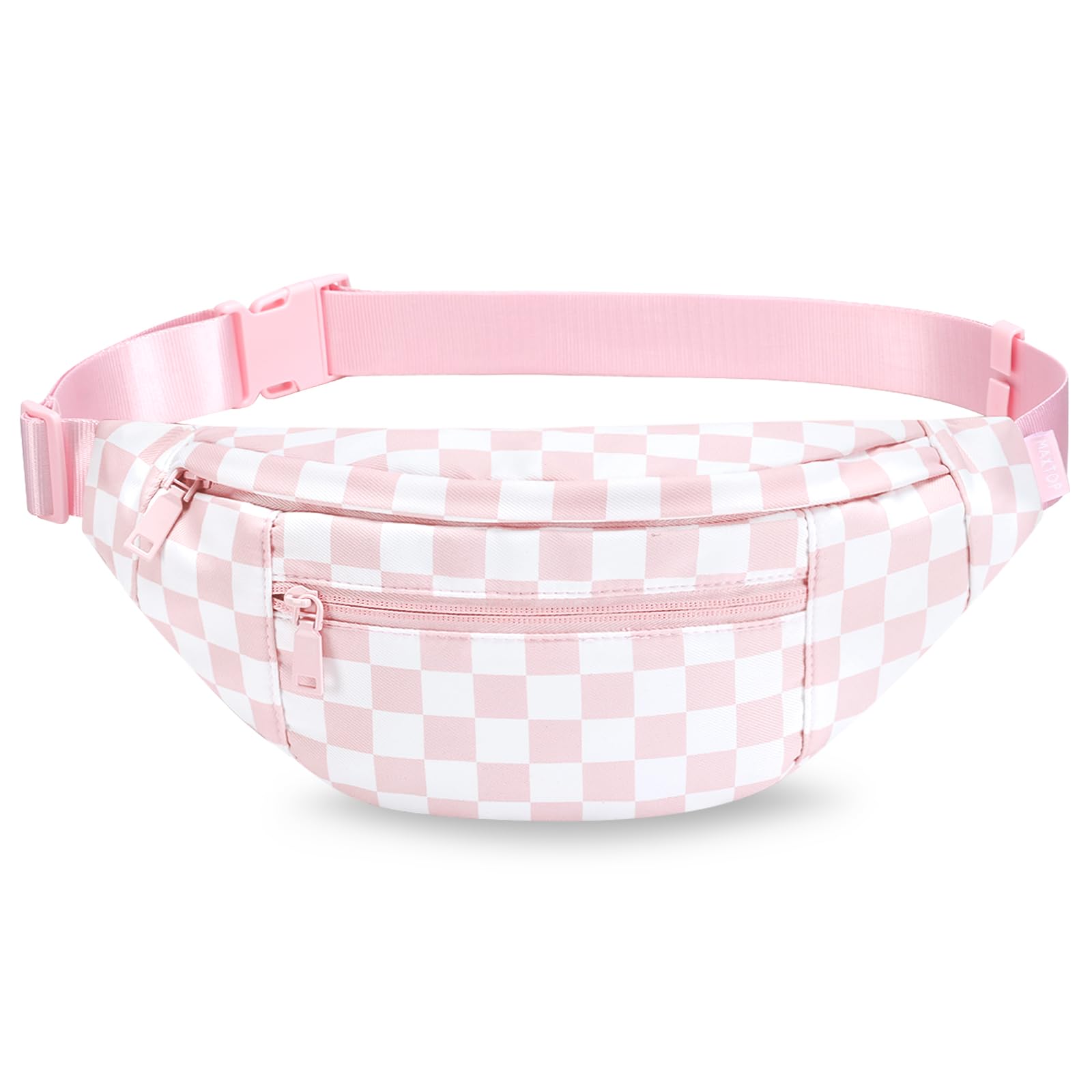 Crossbody Fanny Pack for Women Pink Checkered Bag with 4-Zipper Pockets
