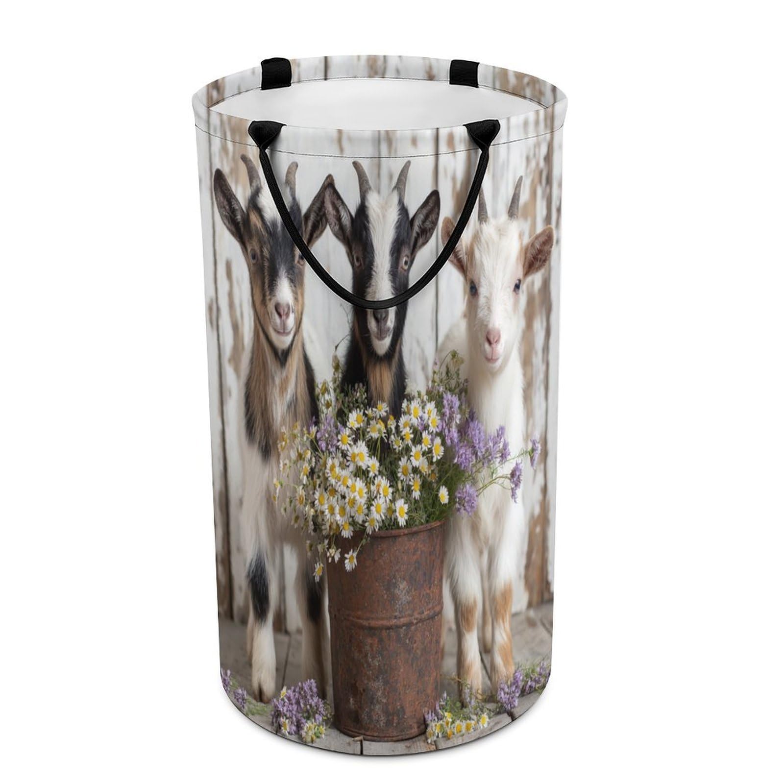 LUYYSKY Cute Rustic Sheep Collapsible Dirty Clothes Basket, Modern Abstract Farm Wooden Board Animals Alpaca Daisies Flowers Portable Clothes Storage Basket