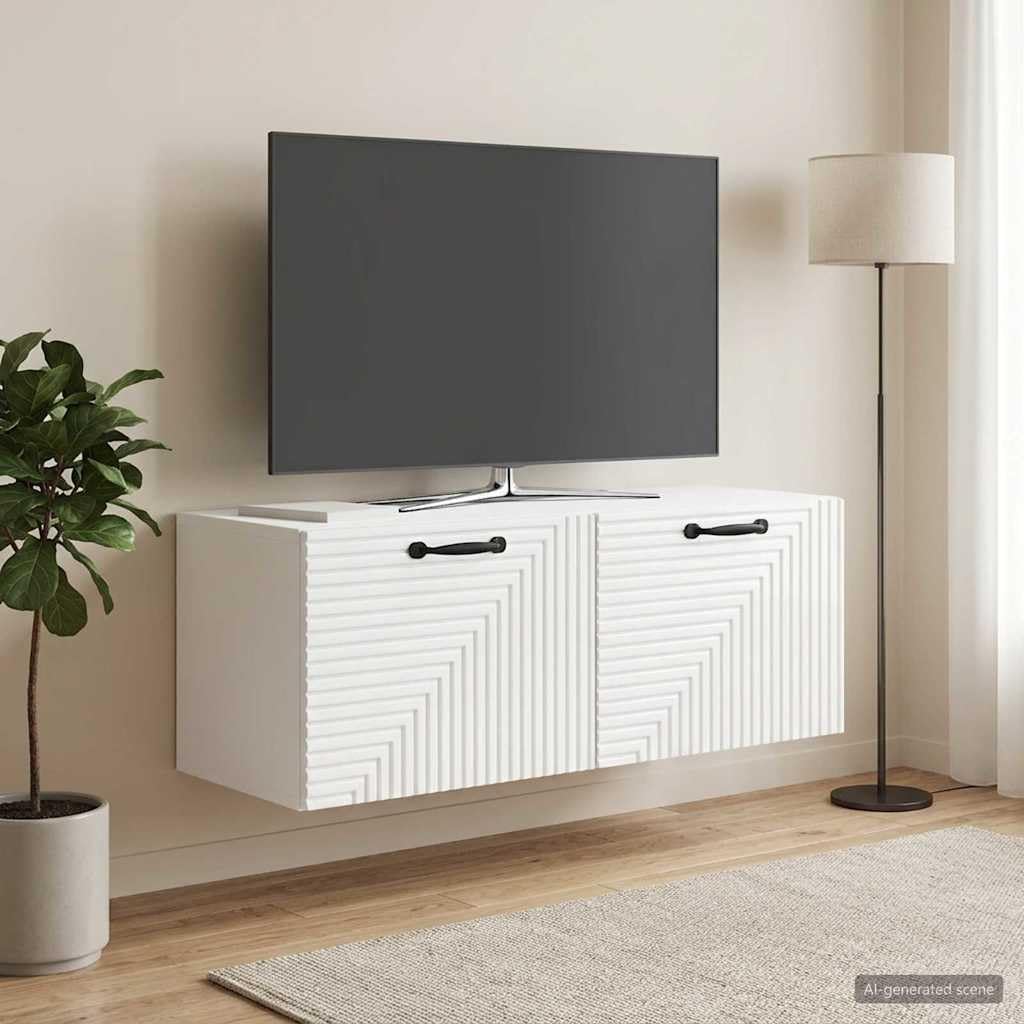 Szafka TV montowana na ścianie, wysoki połysk, biała, 78,5 x 31 x 30 cm, materiał drewnopochodny, zajmuje mało miejsca, z miejscem do przechowywania i 2 drzwiami uchylnymi, wisząca do salonu