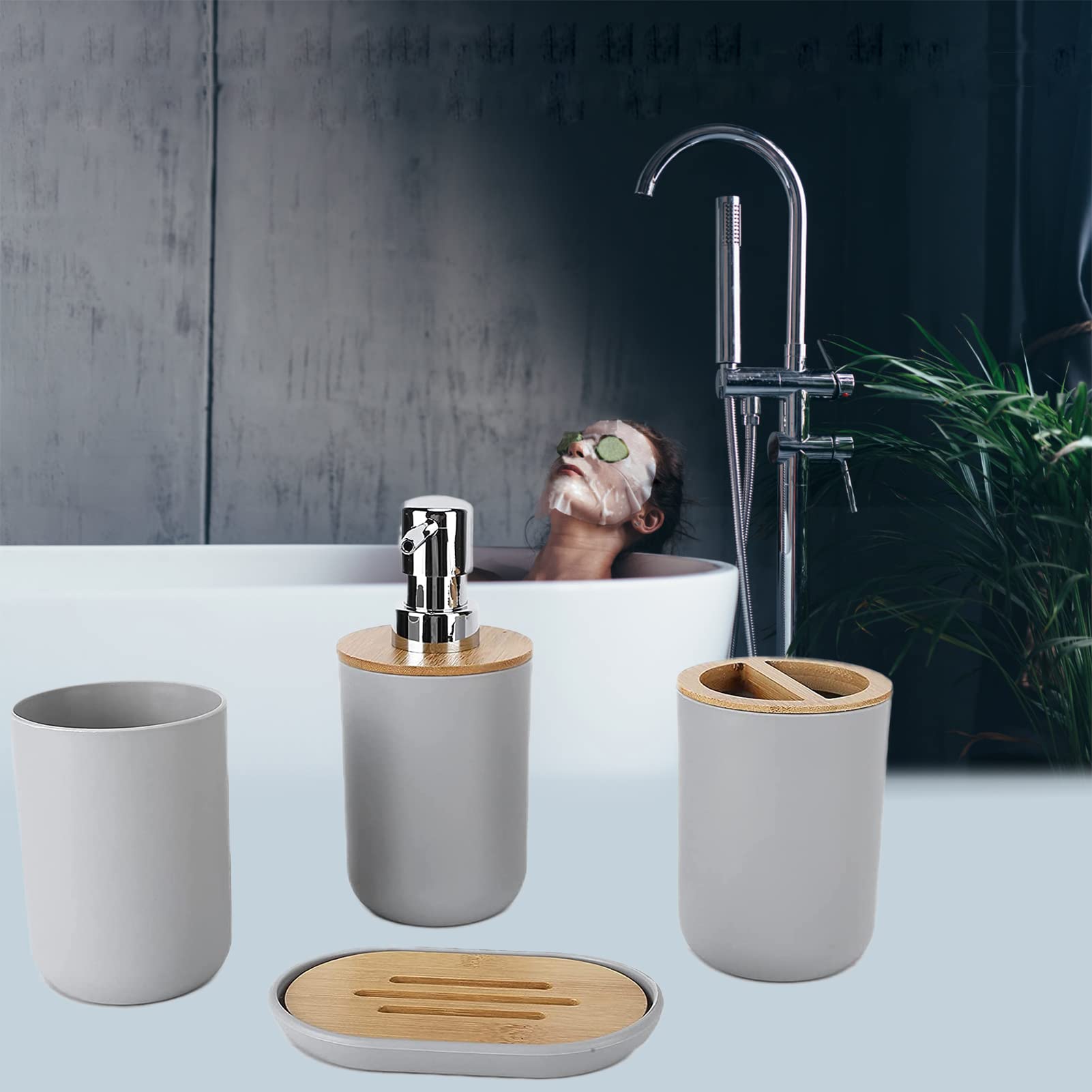 Juego de Accesorios de baño de 4 Piezas Incluye dispensador de jabón, Soporte para Cepillo de Dientes, Taza para Cepillo de Dientes, jabonera Accesorios baño jabón y Vaso (Gris)