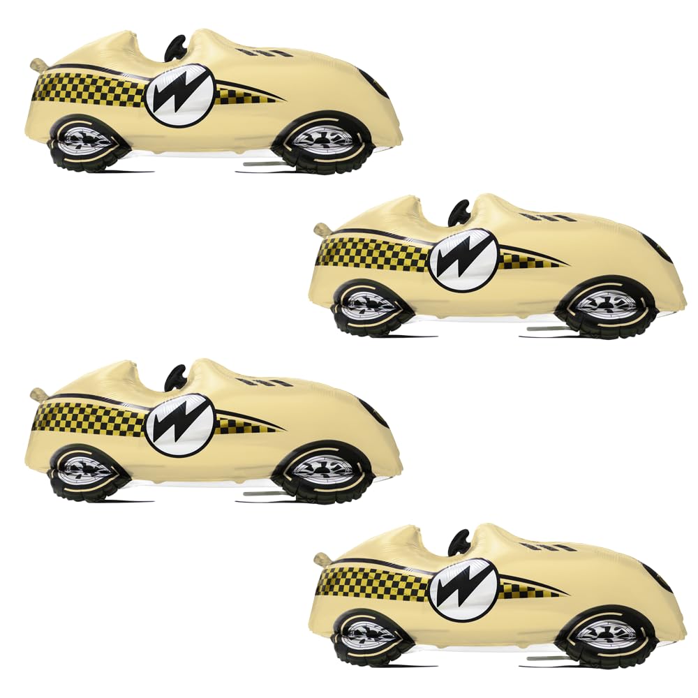 Deermon Large Yellow Sports Racing Car Roadster Balloons, 4 PCS Vintage Fast Speedy Race Car Vehicles Balloon For Retro Racing Theme 1st Baby Shower