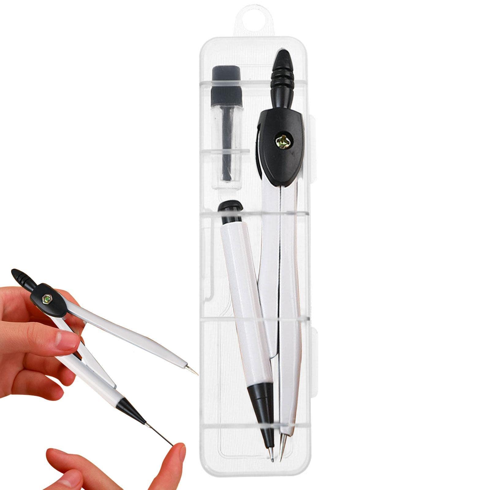 Voiakiu White Drafting Compass | Mechanical Pencil Drawing Compass For Geometry/Art/Woodworking,Geometry Compass With Retractable Mechanical Pencil & A Box Of 0.7 Mm Lead Refills, Black