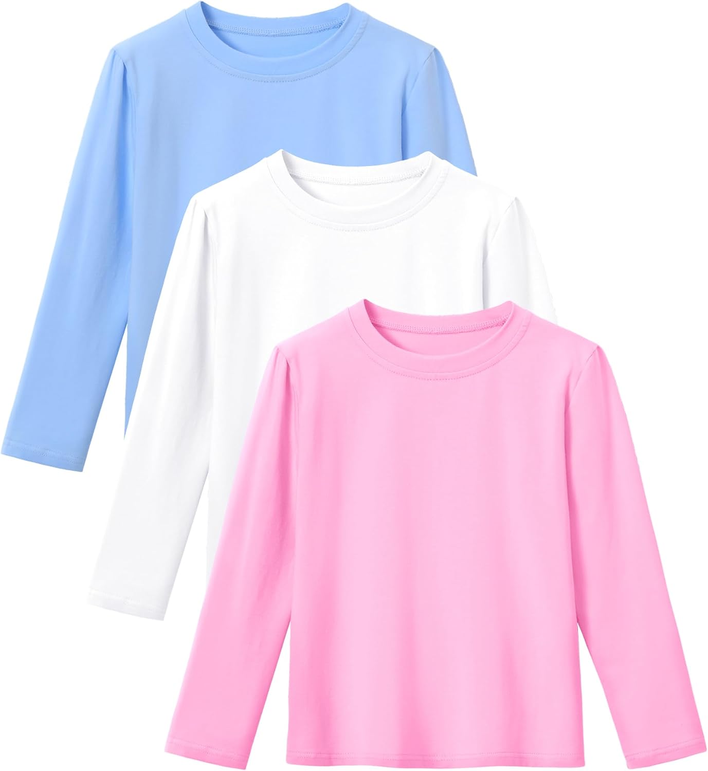 KEREDA 3 Pack Girls Long Sleeve Shirts Soft Cotton Crewneck Plain Tops Tees Clothes for Kids Tween