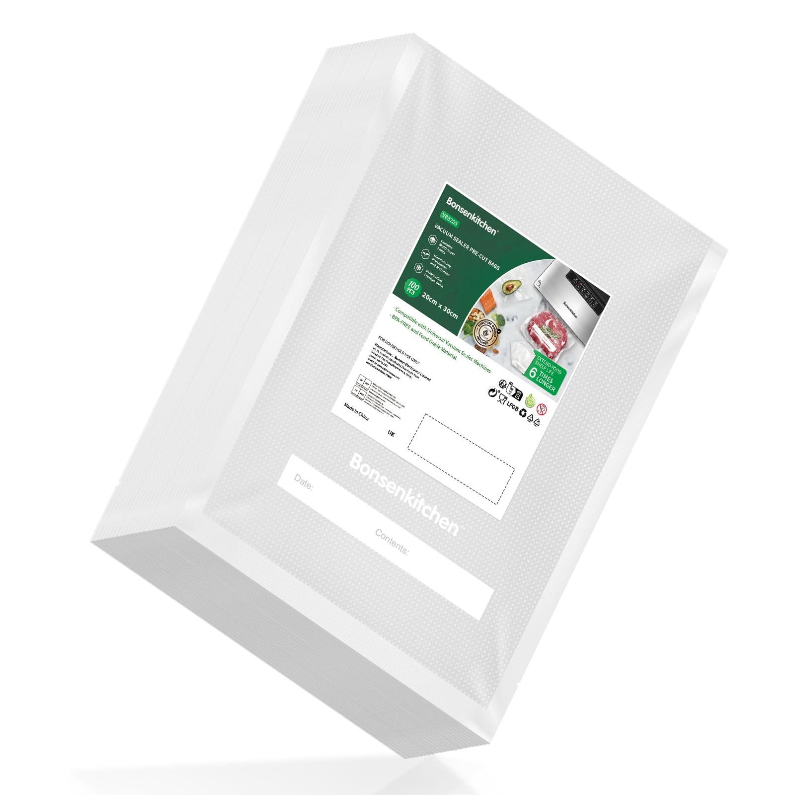 Bonsenkitchen Vacuum Food Sealer Bags (20X30cm) 100 Bags, BPA Free, Commercial Grade Textured Food Vacuum Sealer Bag, Thick Embossed Bags for Food Storage and Sous Vide Cooking, VB3205Bonsenkitchen Vacuum Food Sealer Bags (20X30c…